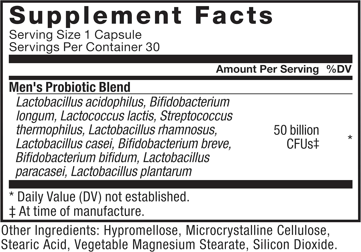 Men's Probiotic Supplement with 50 Billion CFUs and 10 Strains for Gut Health - Non-GMO, Vegan, 30 Capsules