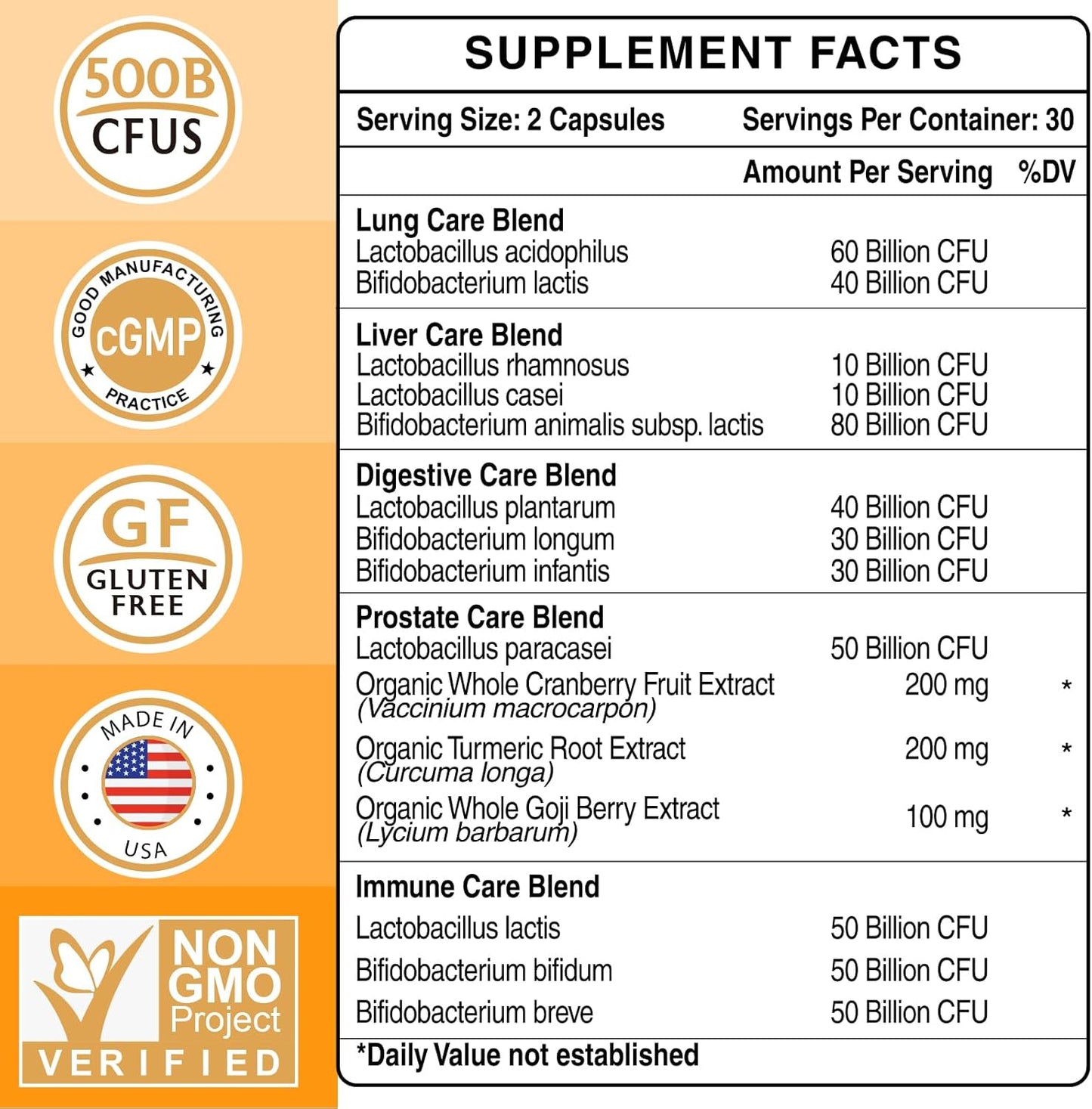 Men's Probiotic Supplement with 500 Billion CFUs & 12 Strains, Turmeric, Cranberry, Goji - Digestive, Immune, Urinary Tract Health - 60-Day Supply