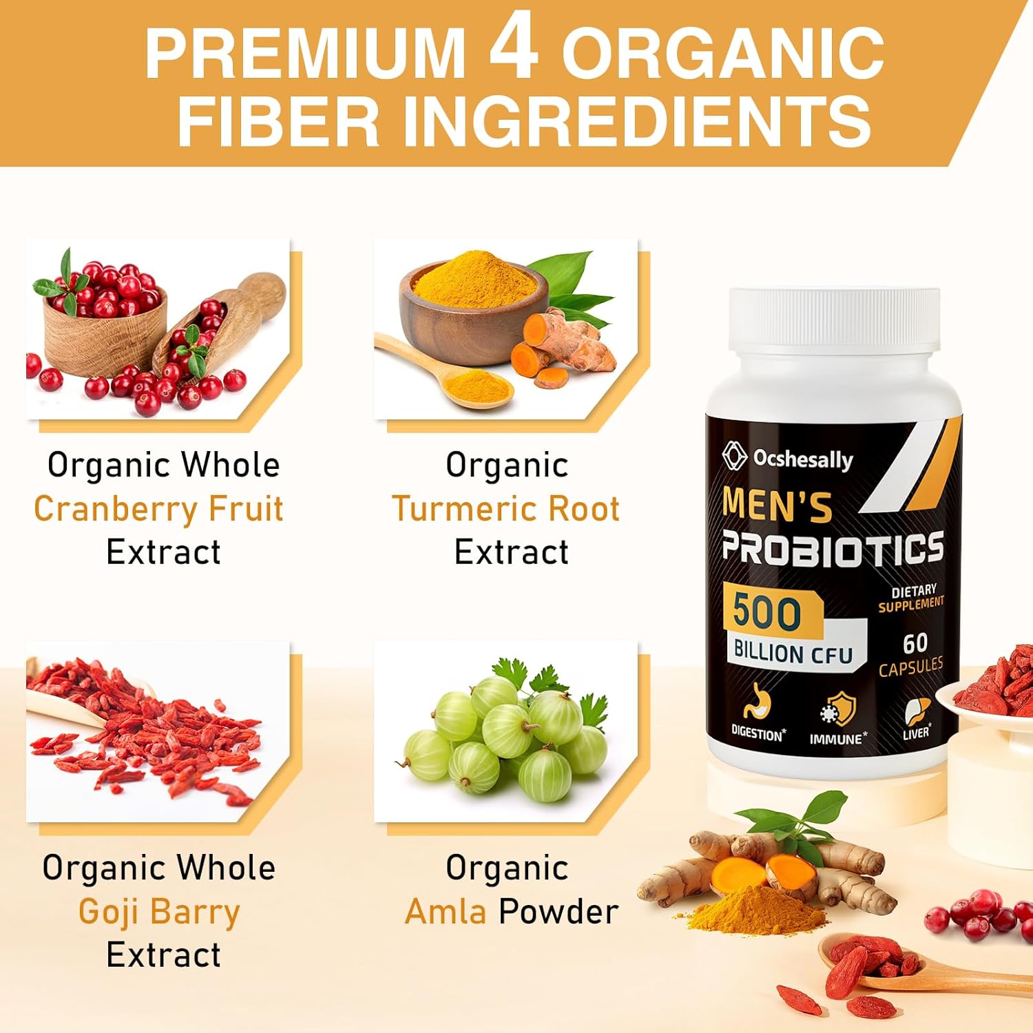 Men's Probiotic Supplement with 500 Billion CFUs & 12 Strains, Turmeric, Cranberry, Goji - Digestive, Immune, Urinary Tract Health - 60-Day Supply