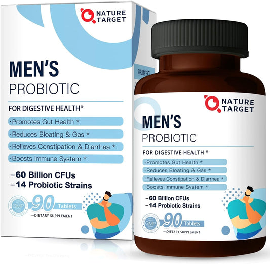 Men's Probiotic Supplement with Prebiotics for Digestive and Immune Health - 60 Billion CFUs, 14 Strains - 90 Tablets