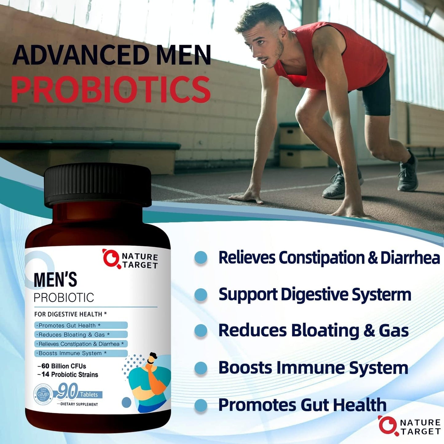 Men's Probiotic Supplement with Prebiotics for Digestive and Immune Health - 60 Billion CFUs, 14 Strains - 90 Tablets