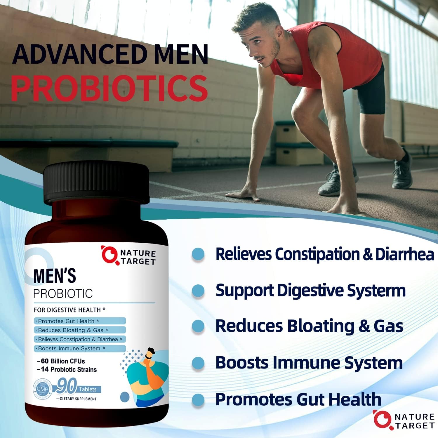 Men's Probiotic Supplement with Prebiotics for Digestive and Immune Health - 60 Billion CFUs, 14 Strains - 90 Tablets