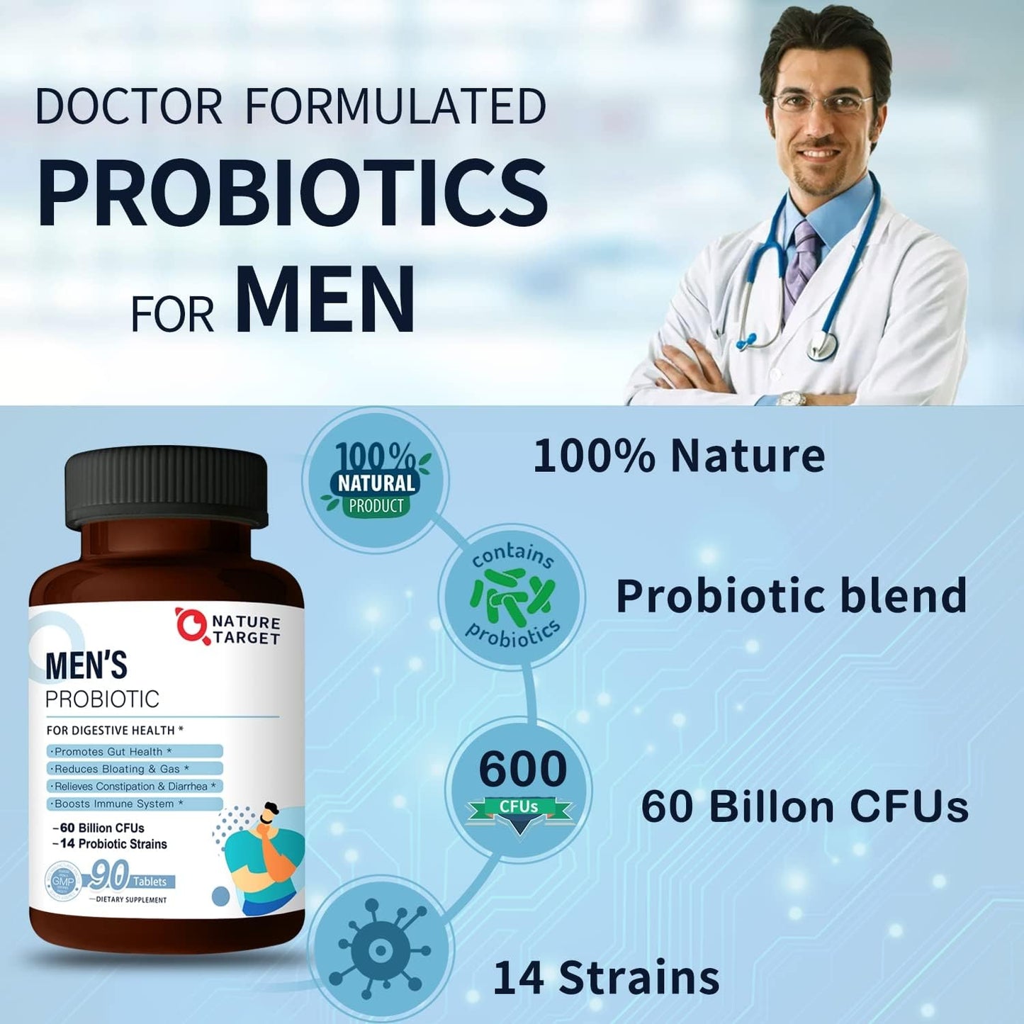 Men's Probiotic Supplement with Prebiotics for Digestive and Immune Health - 60 Billion CFUs, 14 Strains - 90 Tablets