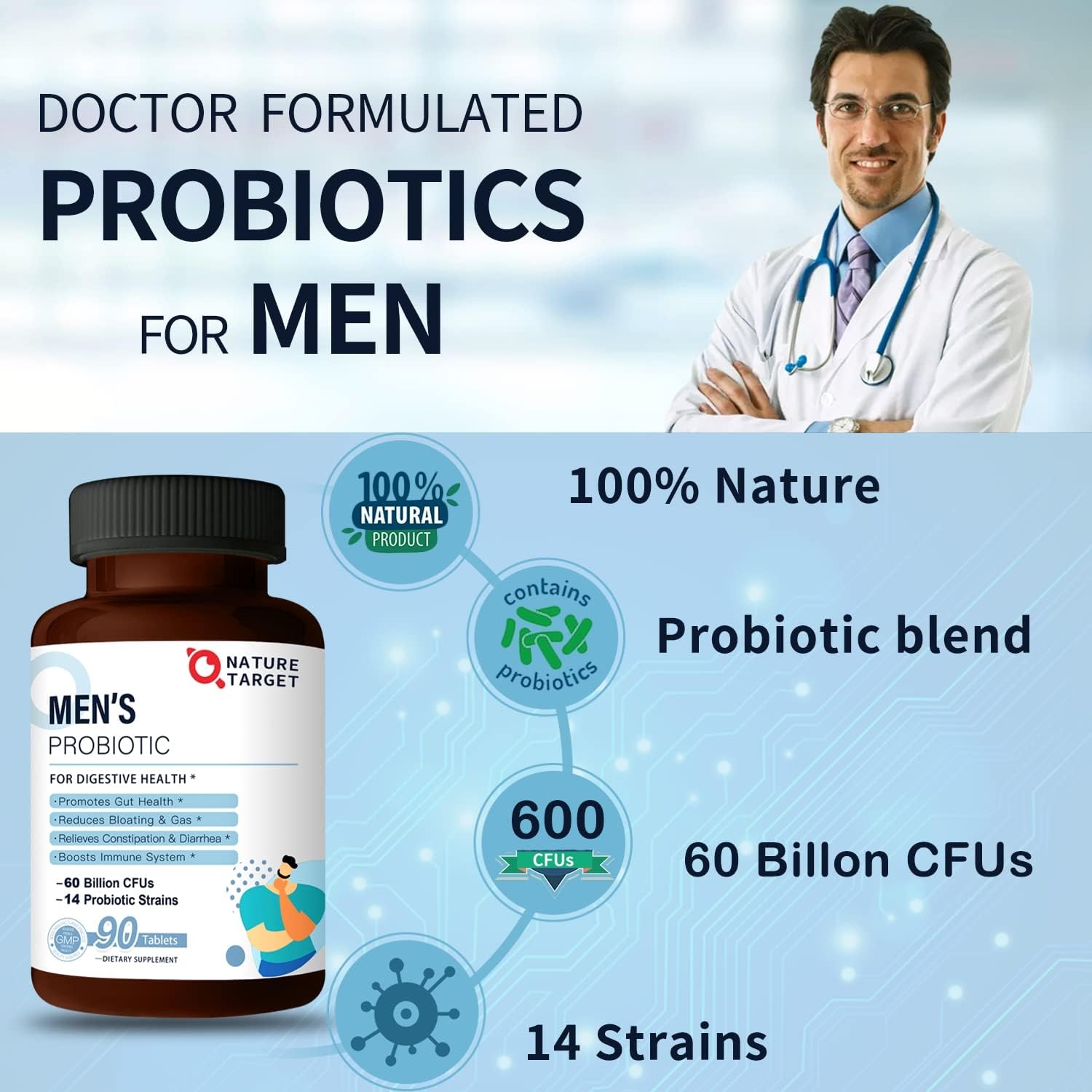 Men's Probiotic Supplement with Prebiotics for Digestive and Immune Health - 60 Billion CFUs, 14 Strains - 90 Tablets