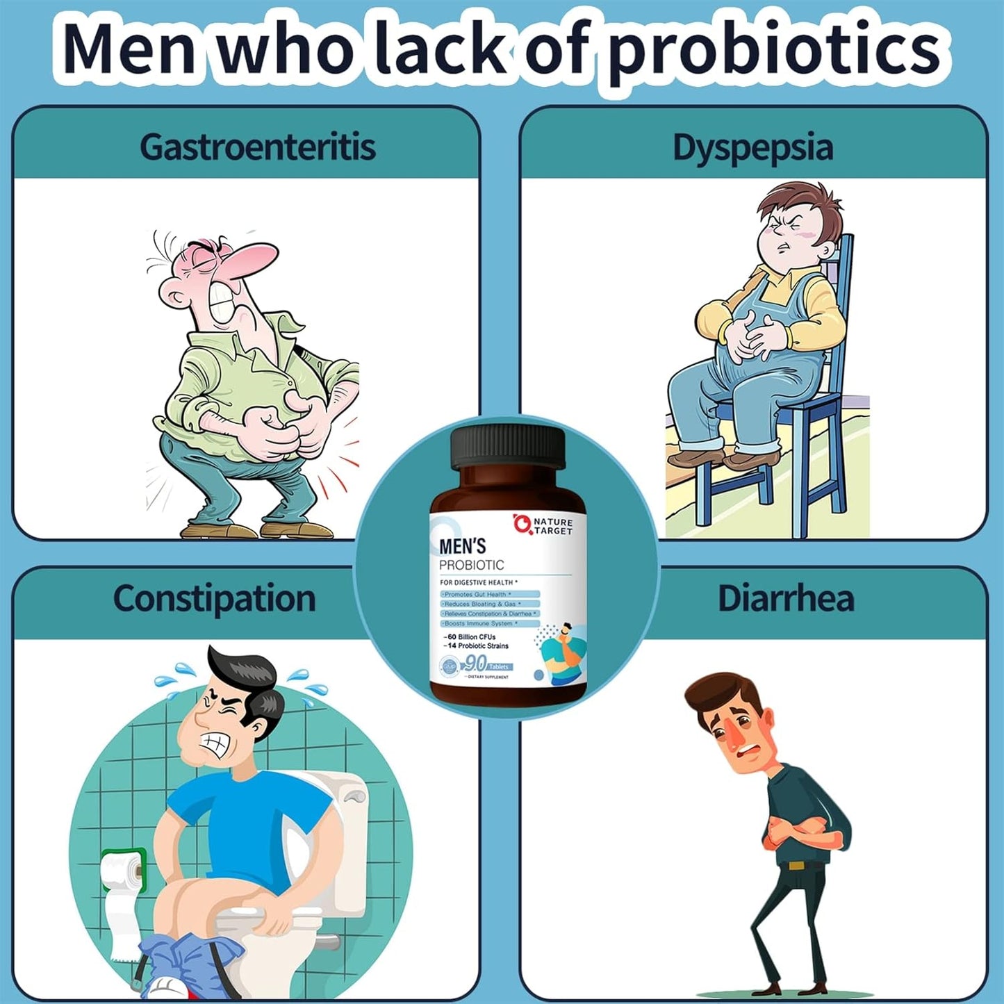 Men's Probiotic Supplement with Prebiotics for Digestive and Immune Health - 60 Billion CFUs, 14 Strains - 90 Tablets