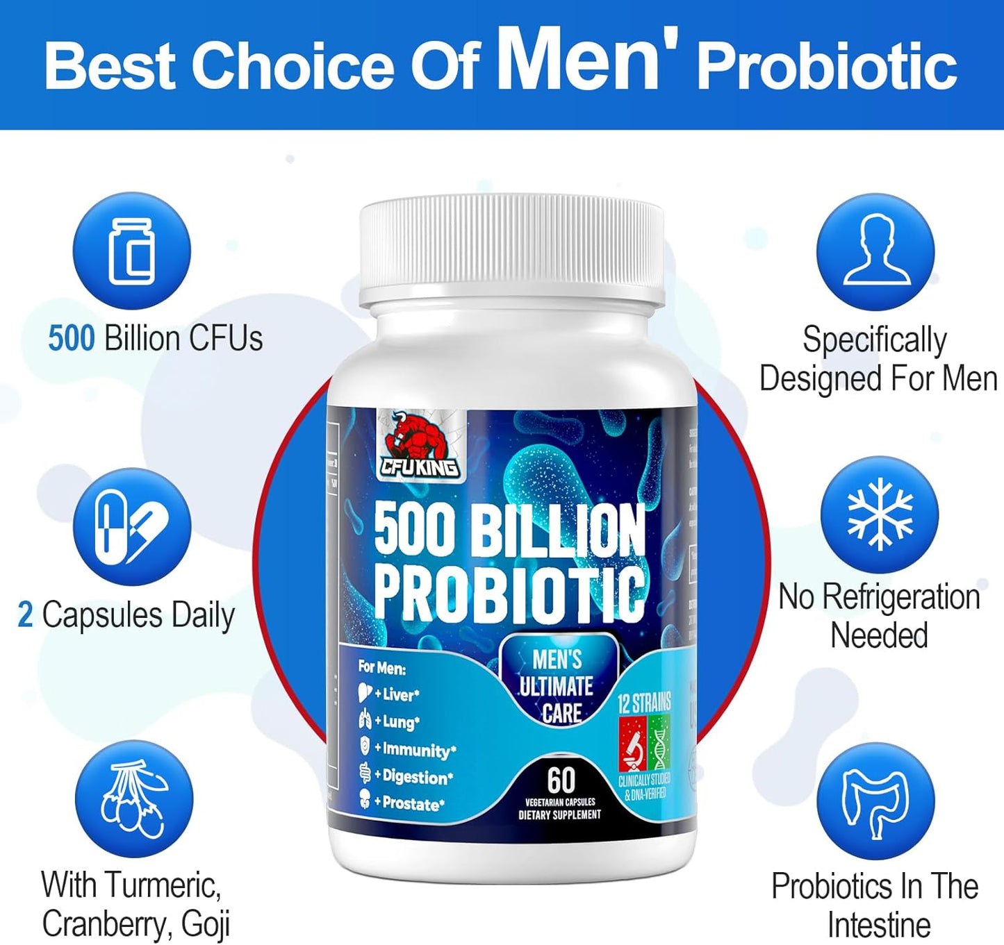 Men's Probiotic with 500 Billion CFU, 12 Strains, 4 Prebiotic Fiber - Digestive & Immune Support (120 Capsules)