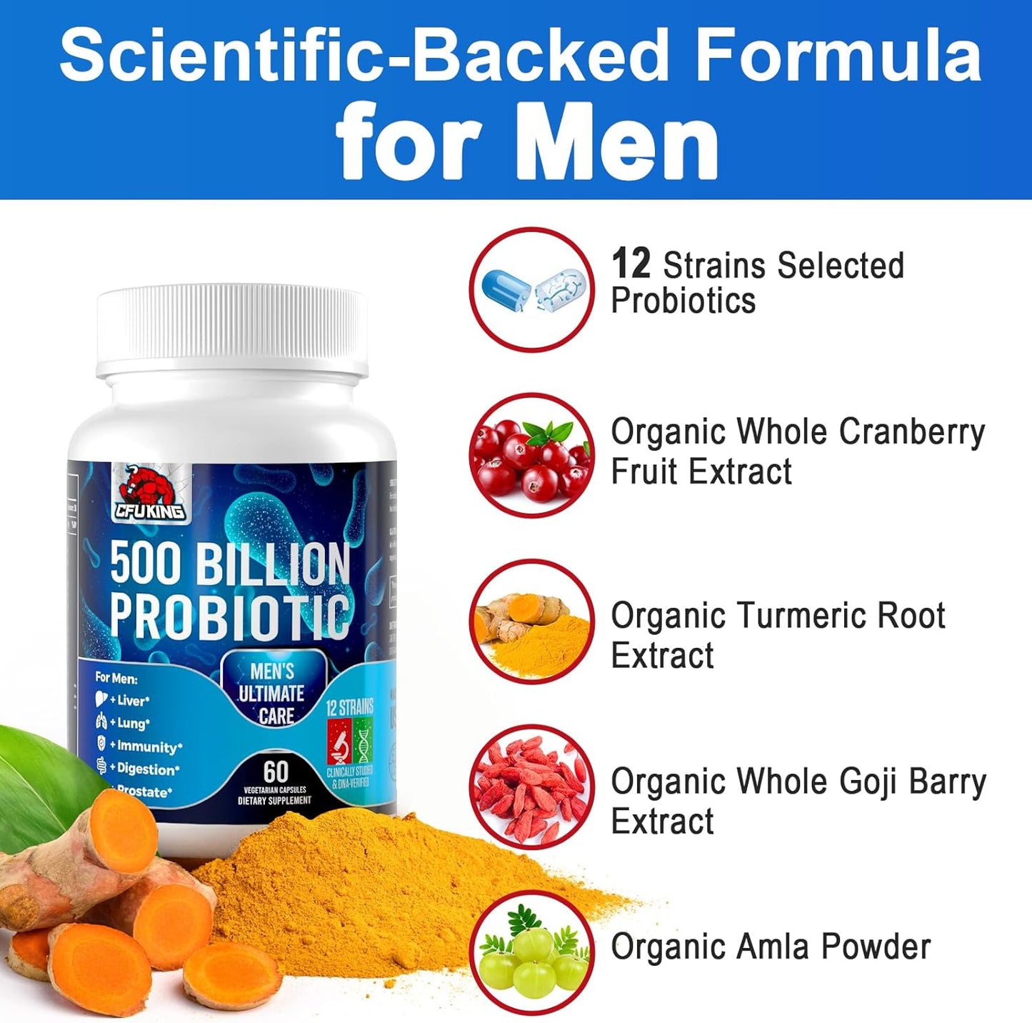 Men's Probiotic with 500 Billion CFU, 12 Strains, 4 Prebiotic Fiber - Digestive & Immune Support (120 Capsules)