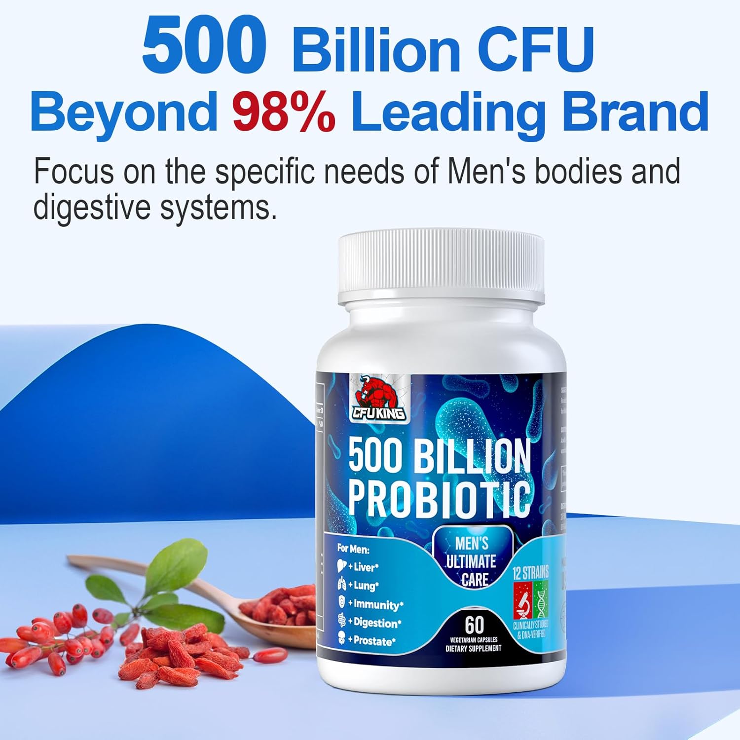 Men's Probiotic with 500 Billion CFU, 12 Strains, 4 Prebiotic Fiber - Digestive & Immune Support (120 Capsules)