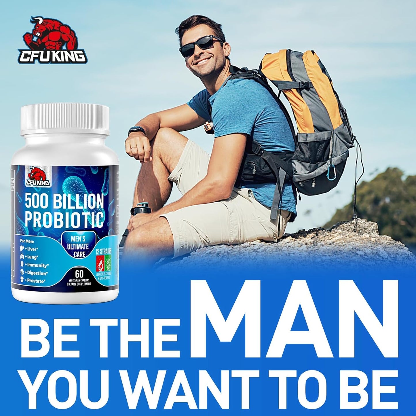 Men's Probiotic with 500 Billion CFU, 12 Strains, 4 Prebiotic Fiber - Digestive & Immune Support (120 Capsules)