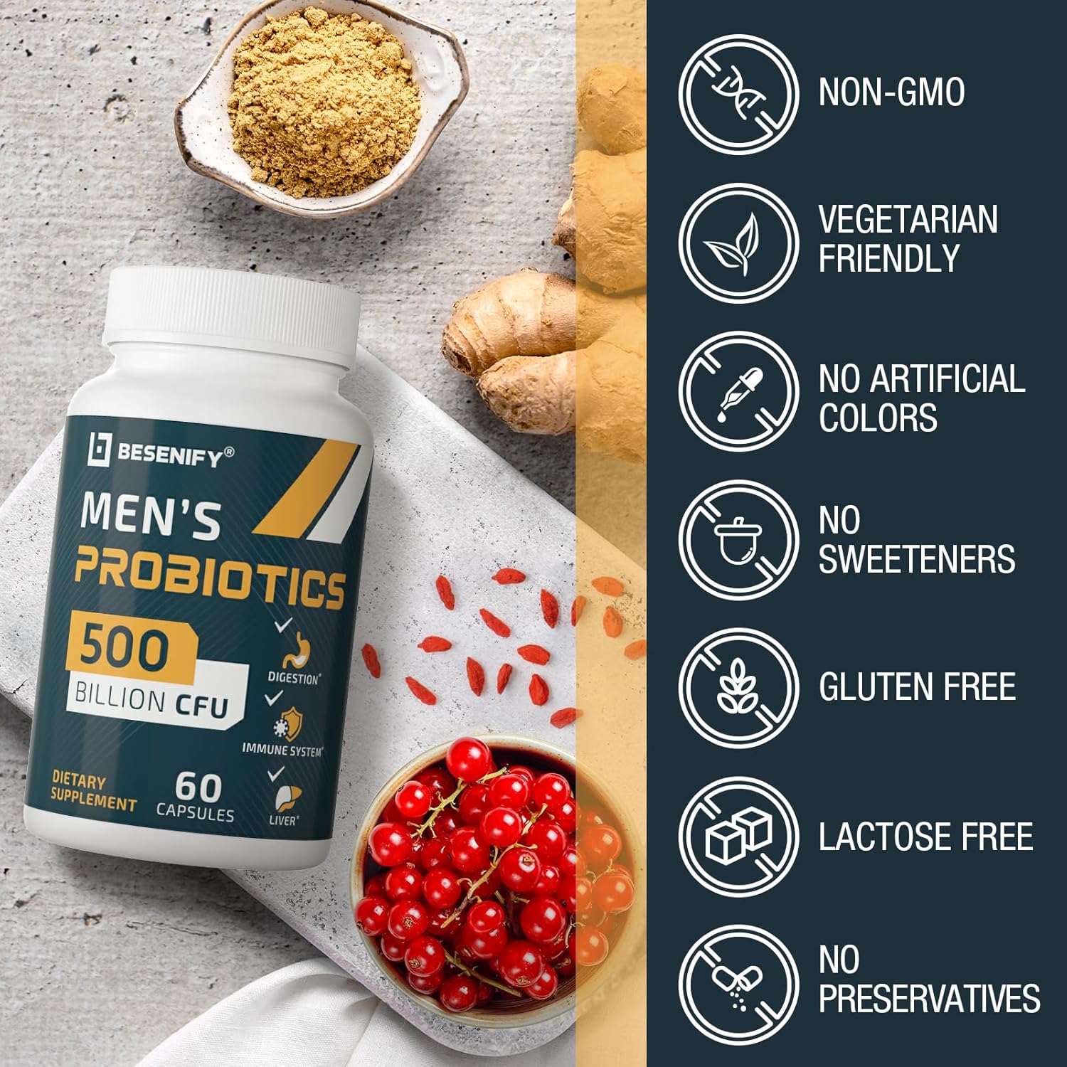 Men's Probiotic with 500 Billion CFUs, Turmeric, Cranberry, and Goji - Boost Digestive and Immune Health, 30-Day Supply