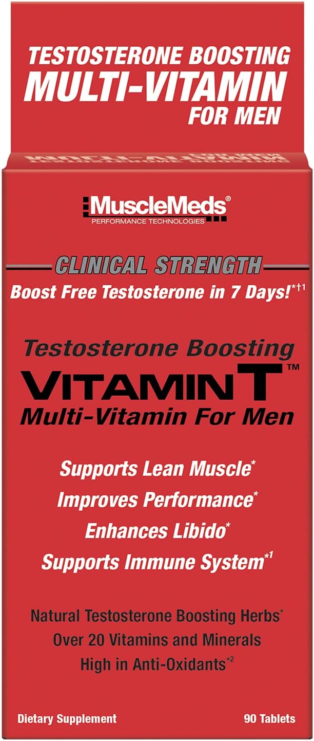 Men's Testosterone-Boosting Multivitamin with 20 Vitamins & Minerals - MuscleMeds Vitamin T Daily Supplement for Muscle & Sexual Health, 90 Count