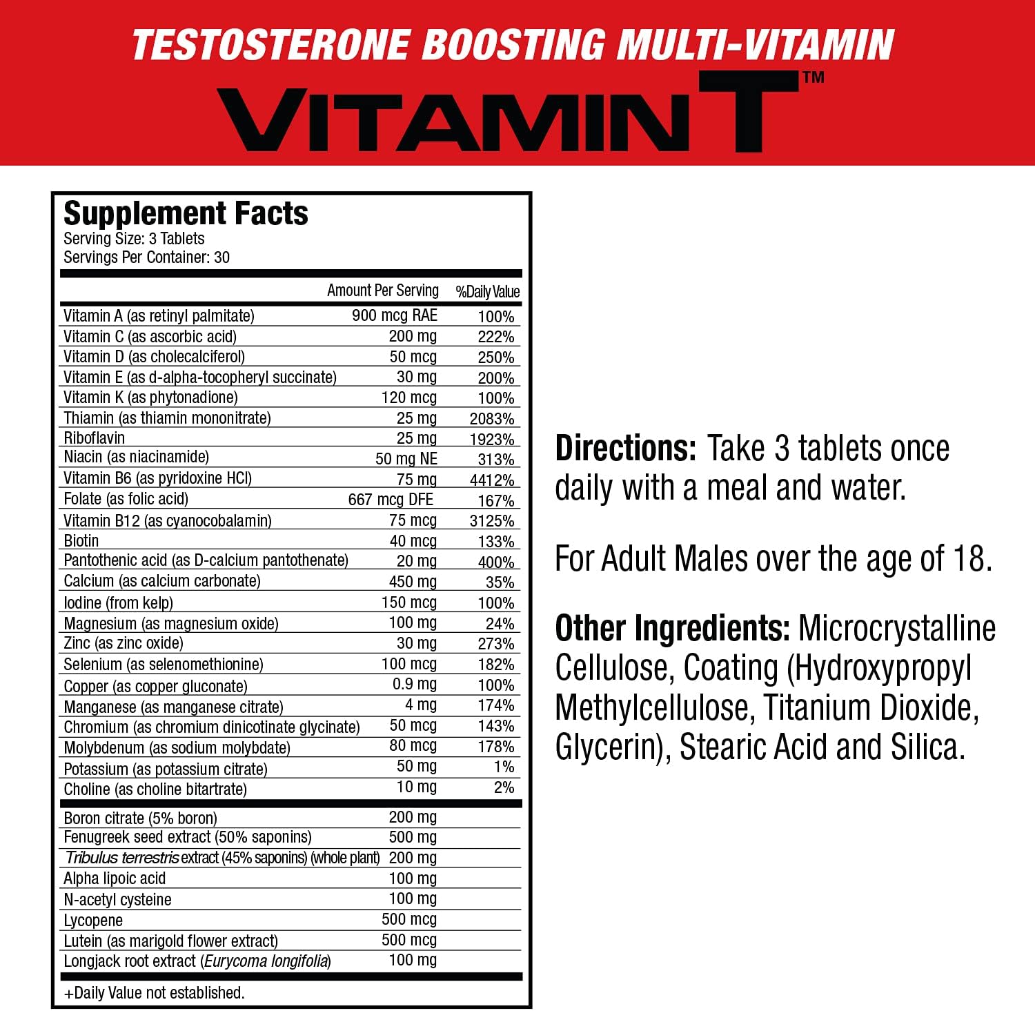 Men's Testosterone-Boosting Multivitamin with 20 Vitamins & Minerals - MuscleMeds Vitamin T Daily Supplement for Muscle & Sexual Health, 90 Count