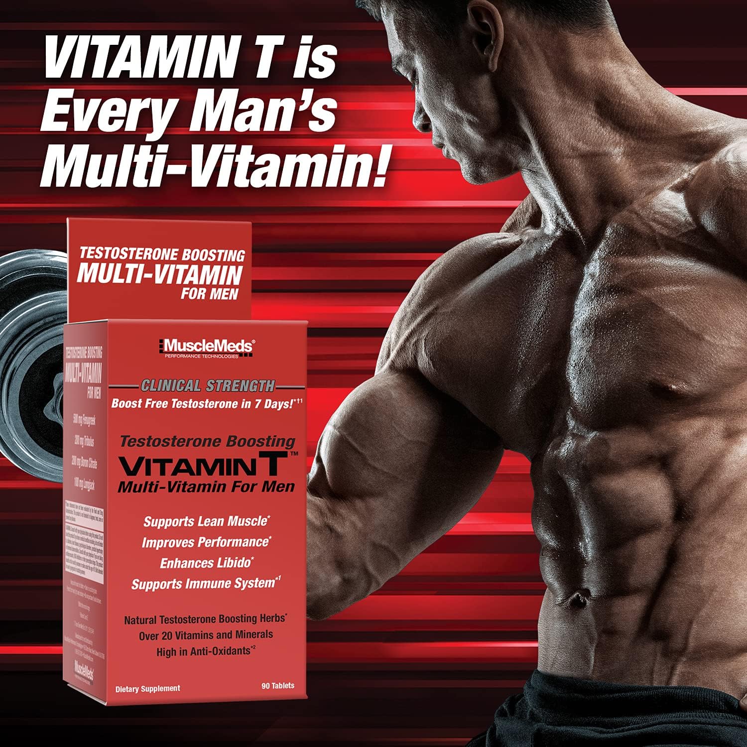 Men's Testosterone-Boosting Multivitamin with 20 Vitamins & Minerals - MuscleMeds Vitamin T Daily Supplement for Muscle & Sexual Health, 90 Count