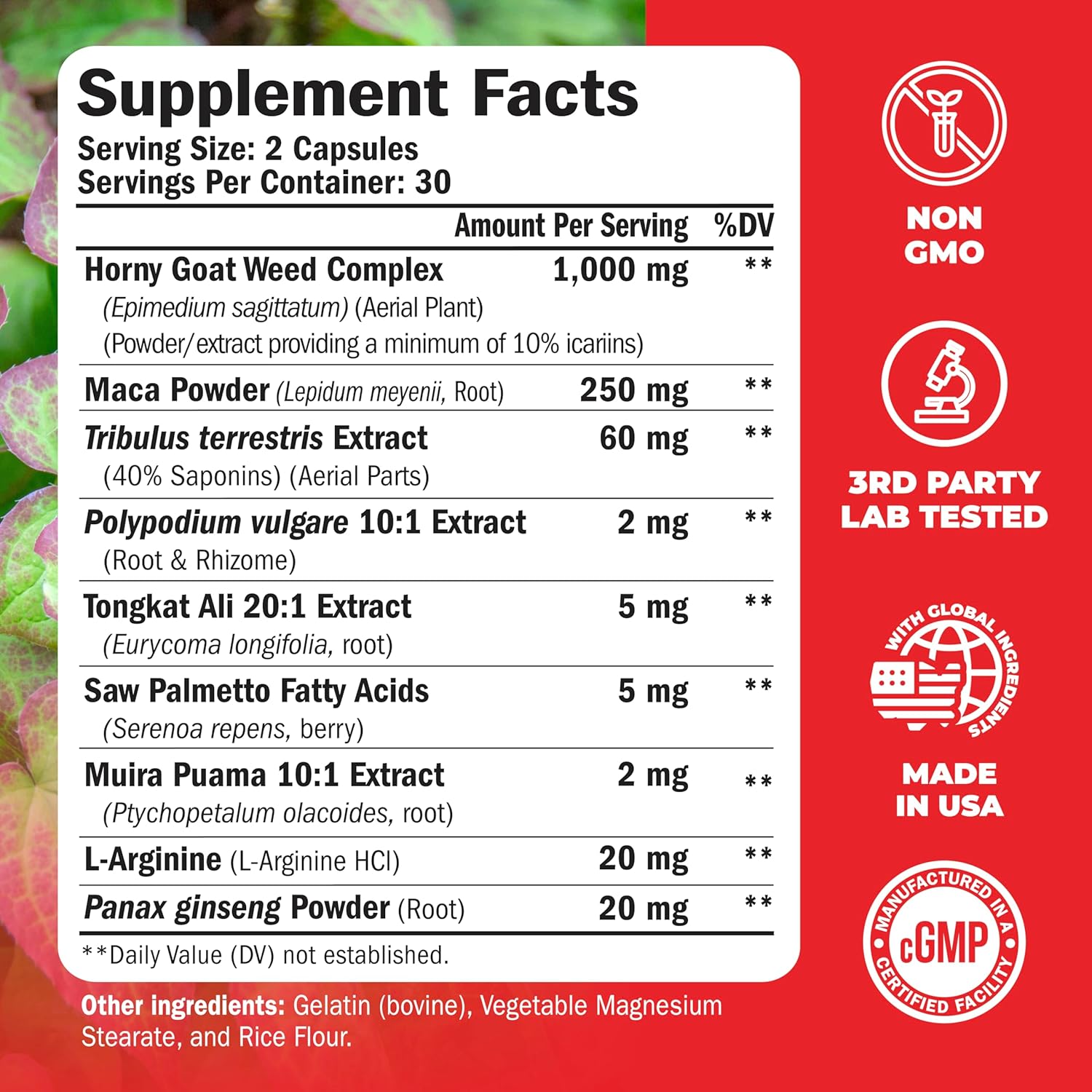 Men's Testosterone Support Capsules with Tongkat Ali, Maca Root, and Horny Goat Weed - Energy Supplements with Tribulus Terrestris and Saw Palmetto Extract - 60 Capsules