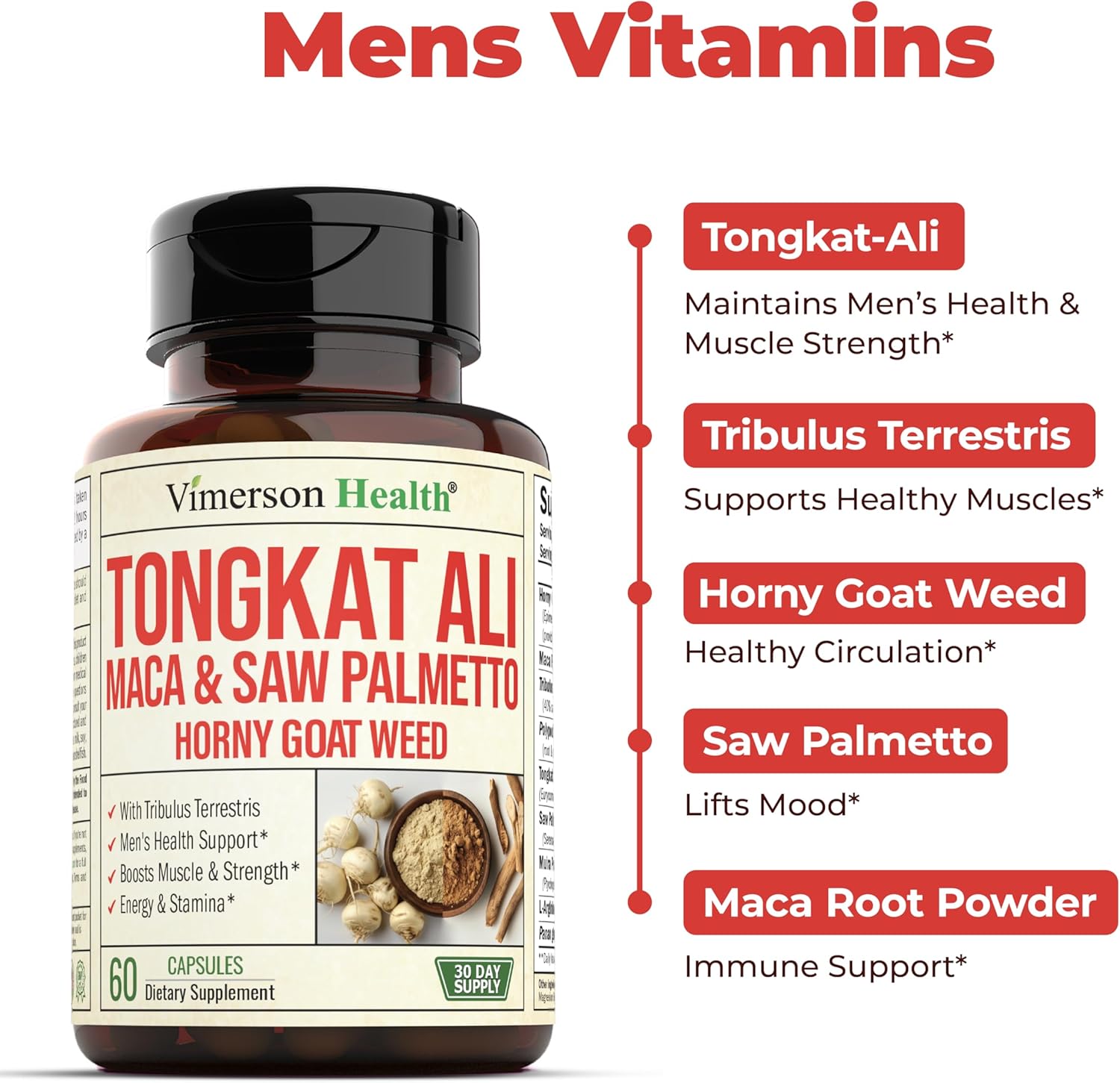 Men's Testosterone Support Capsules with Tongkat Ali, Maca Root, and Horny Goat Weed - Energy Supplements with Tribulus Terrestris and Saw Palmetto Extract - 60 Capsules