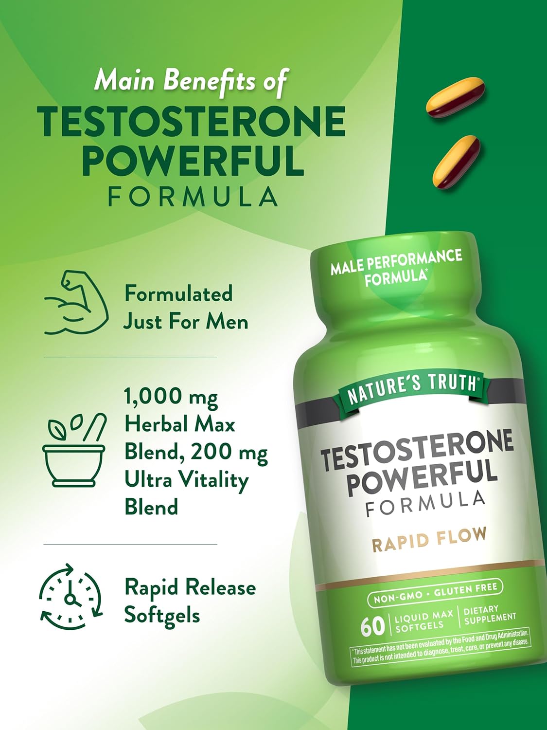 Men's Testosterone Support Supplement | 60 Softgels | Natural, Non-GMO, Gluten-Free Formula by Nature's Truth