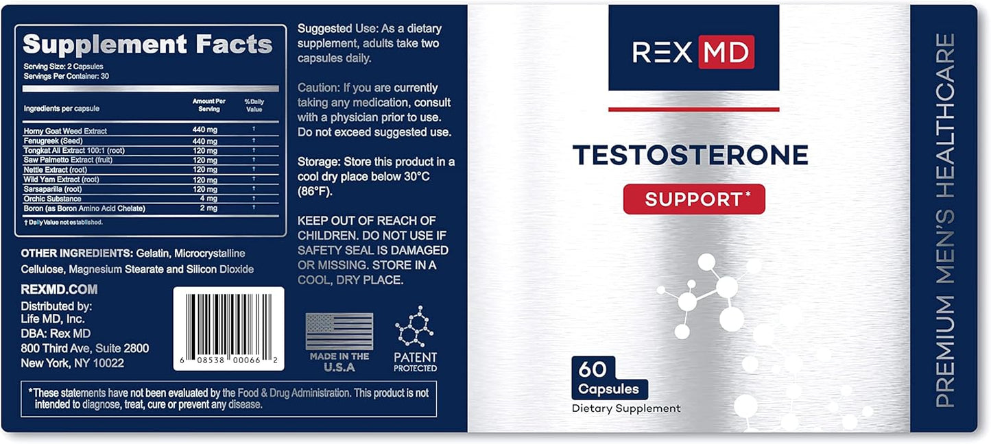 Men's Testosterone Support Supplement | Boost Energy, Stamina & Performance | Fenugreek & Natural Ingredients | Made in USA | REX MD