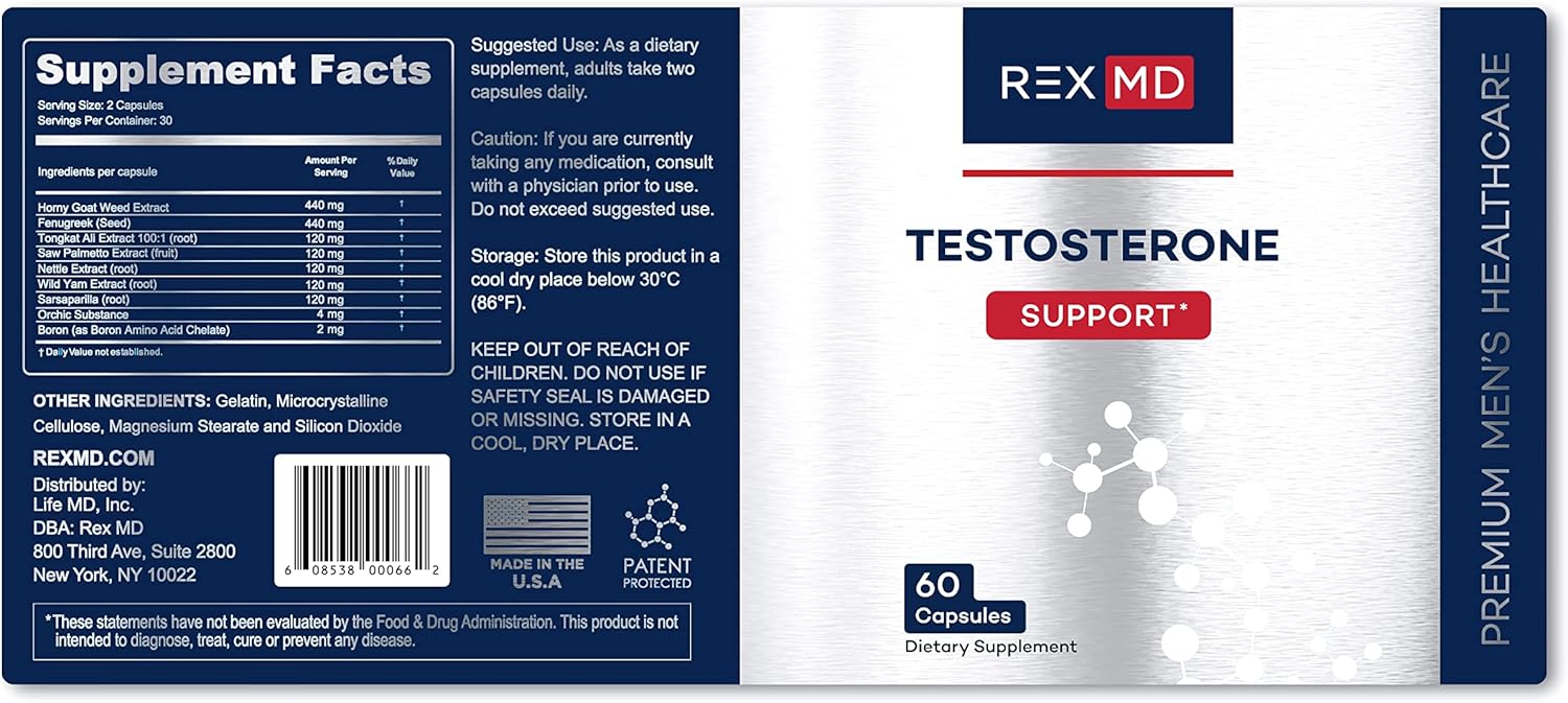 Men's Testosterone Support Supplement | Boost Energy, Stamina & Performance | Fenugreek & Natural Ingredients | Made in USA | REX MD