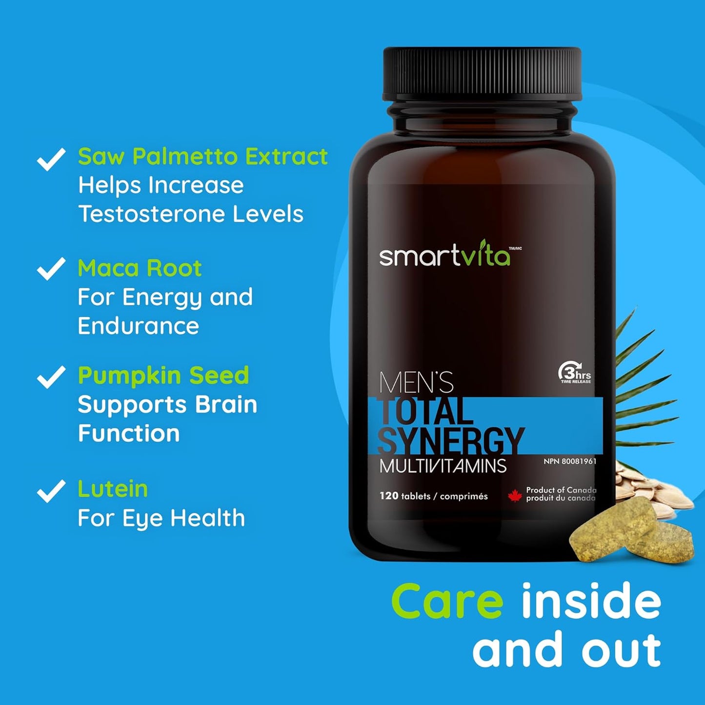 Men's Total Synergy Multivitamins with Saw Palmetto - Vegan Formula for Energy, Brain, Heart, and Eye Health - 120 Tablets for Ages 25-65+