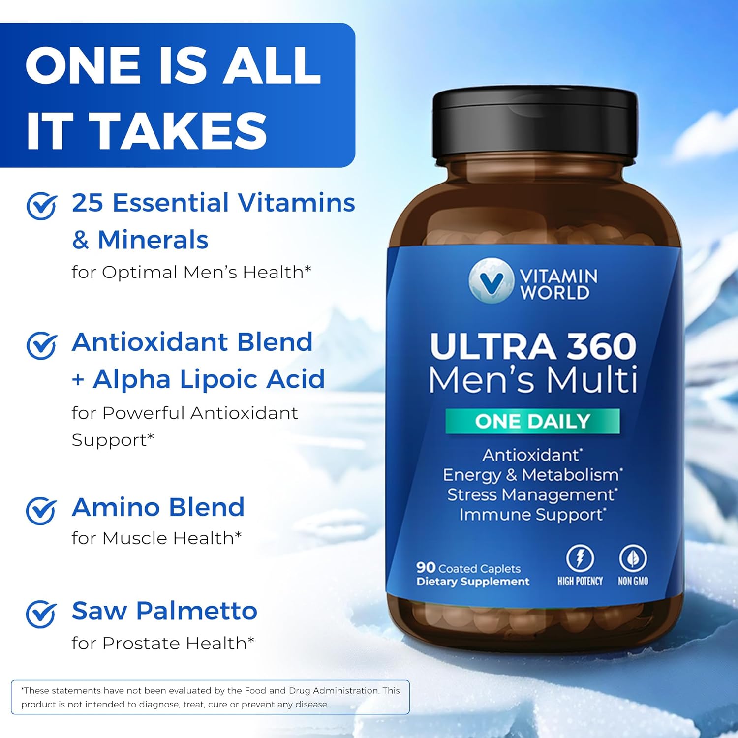 Men's Ultra 360 Multivitamin with Minerals, Herbs & Antioxidants - 90 Caplets for Energy & Immune Support