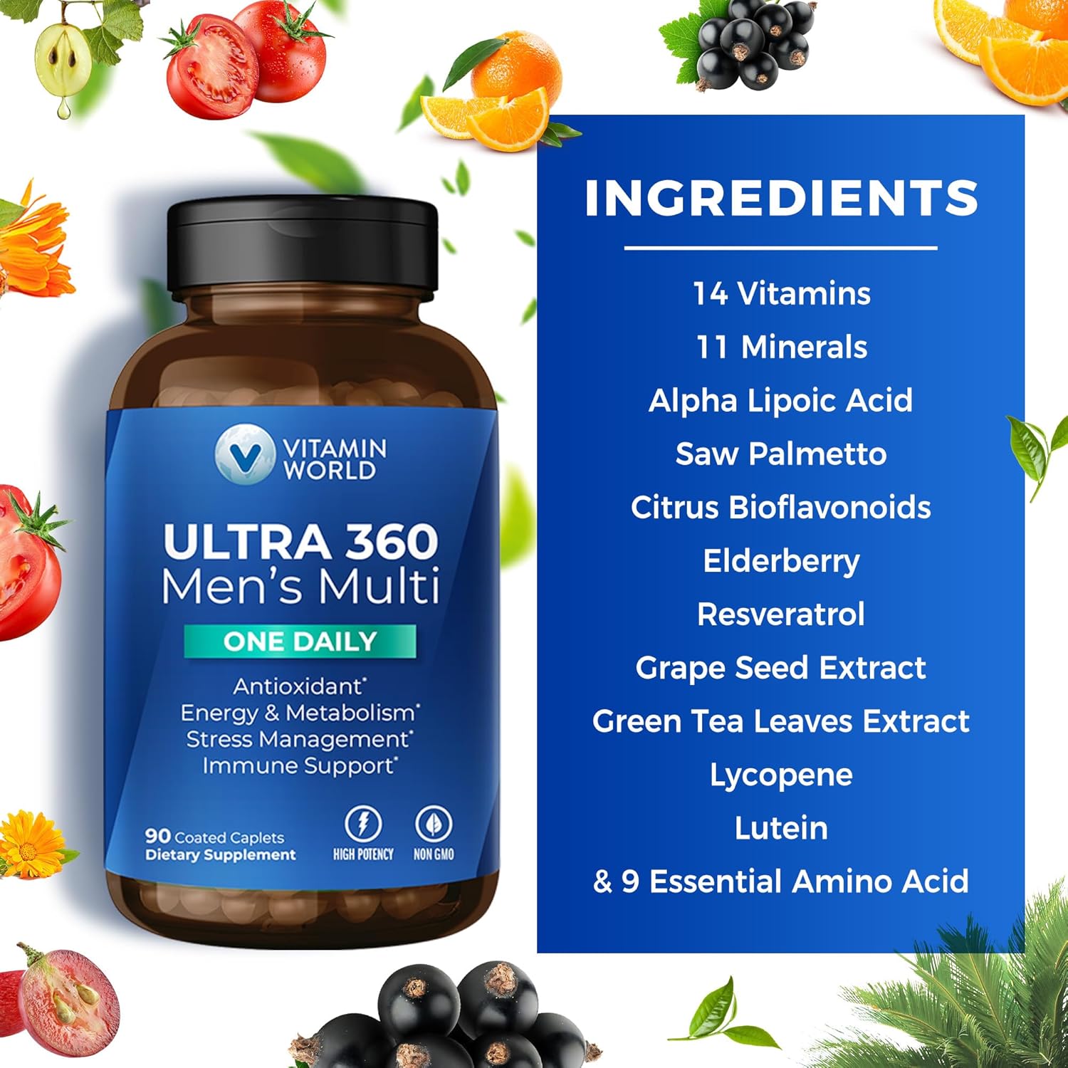Men's Ultra 360 Multivitamin with Minerals, Herbs & Antioxidants - 90 Caplets for Energy & Immune Support