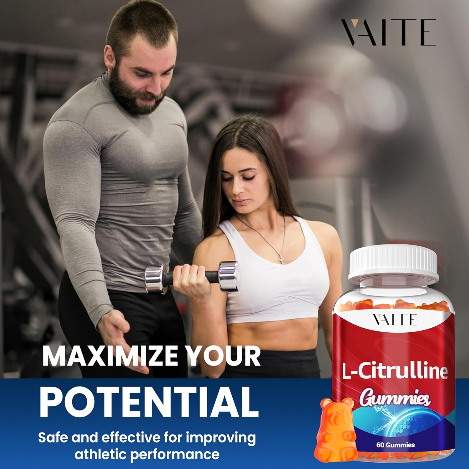 Men's VAITE L Citrulline Gummies - 1600mg Calcium Formula for Energy & Endurance, Nitric Oxide Boost - 60 Chewables
