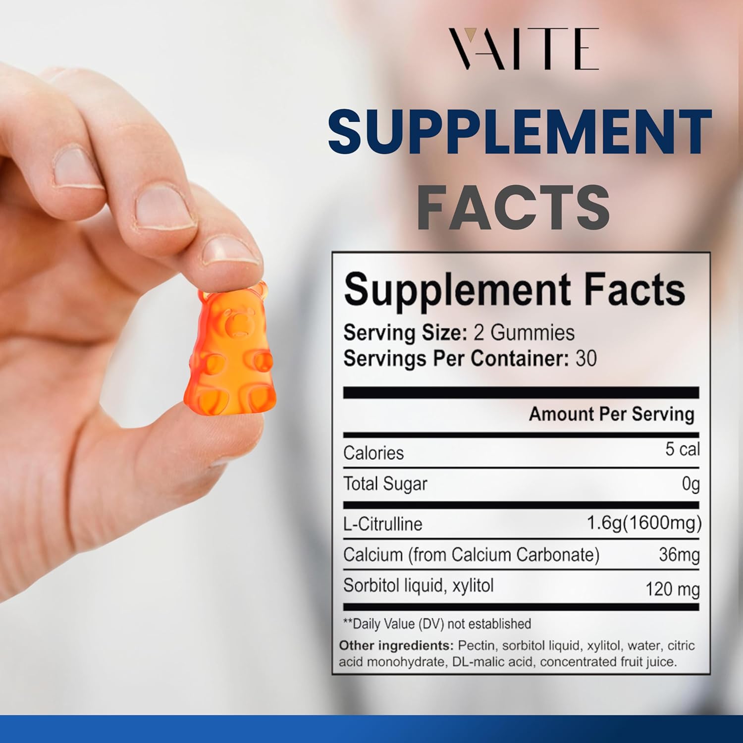 Men's VAITE L Citrulline Gummies - High Potency Vasodilator with Calcium, 1600mg per Serving - Enhanced Nitroxyl & Nitric Oxide, Energy & Endurance Support - 60 Count