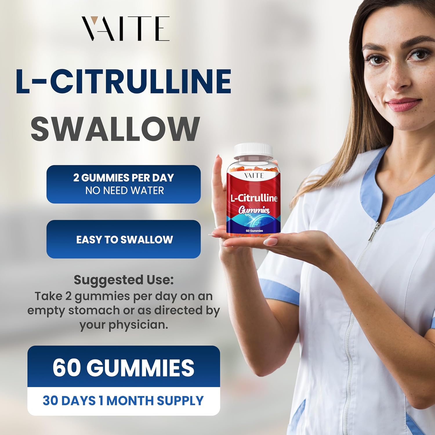 Men's VAITE L Citrulline Gummies - High Potency Vasodilator with Calcium, 1600mg per Serving - Enhanced Nitroxyl & Nitric Oxide, Energy & Endurance Support - 60 Count