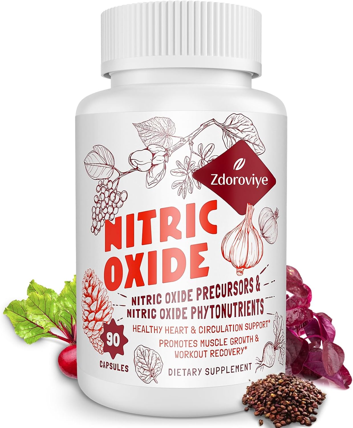 Men's Zdoroviye Nitric Oxide Supplement - 2,255mg Per Serving - 13 in 1 Nitric Oxide & Phytonutrients Complex - Supports Heart & Immune System - 90 Capsules