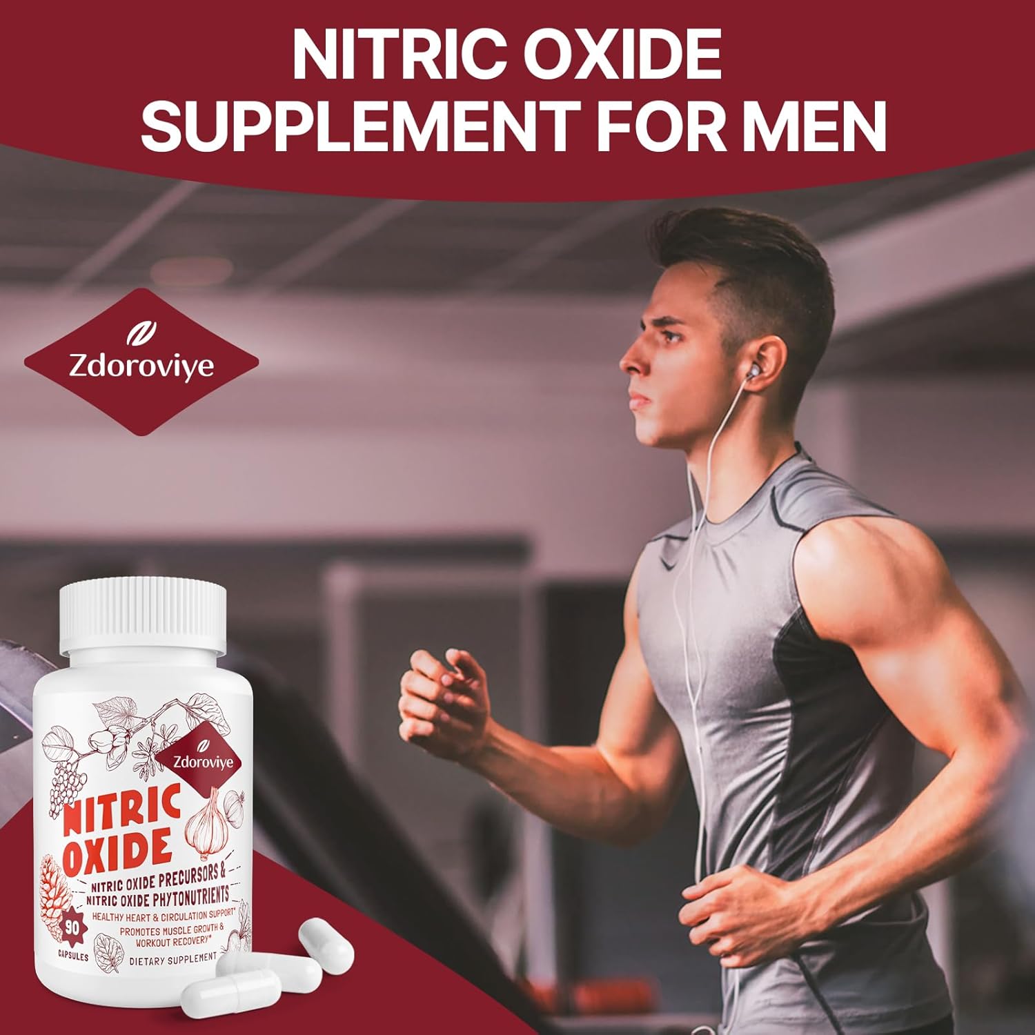 Men's Zdoroviye Nitric Oxide Supplement - 2,255mg Per Serving - 13 in 1 Nitric Oxide & Phytonutrients Complex - Supports Heart & Immune System - 90 Capsules