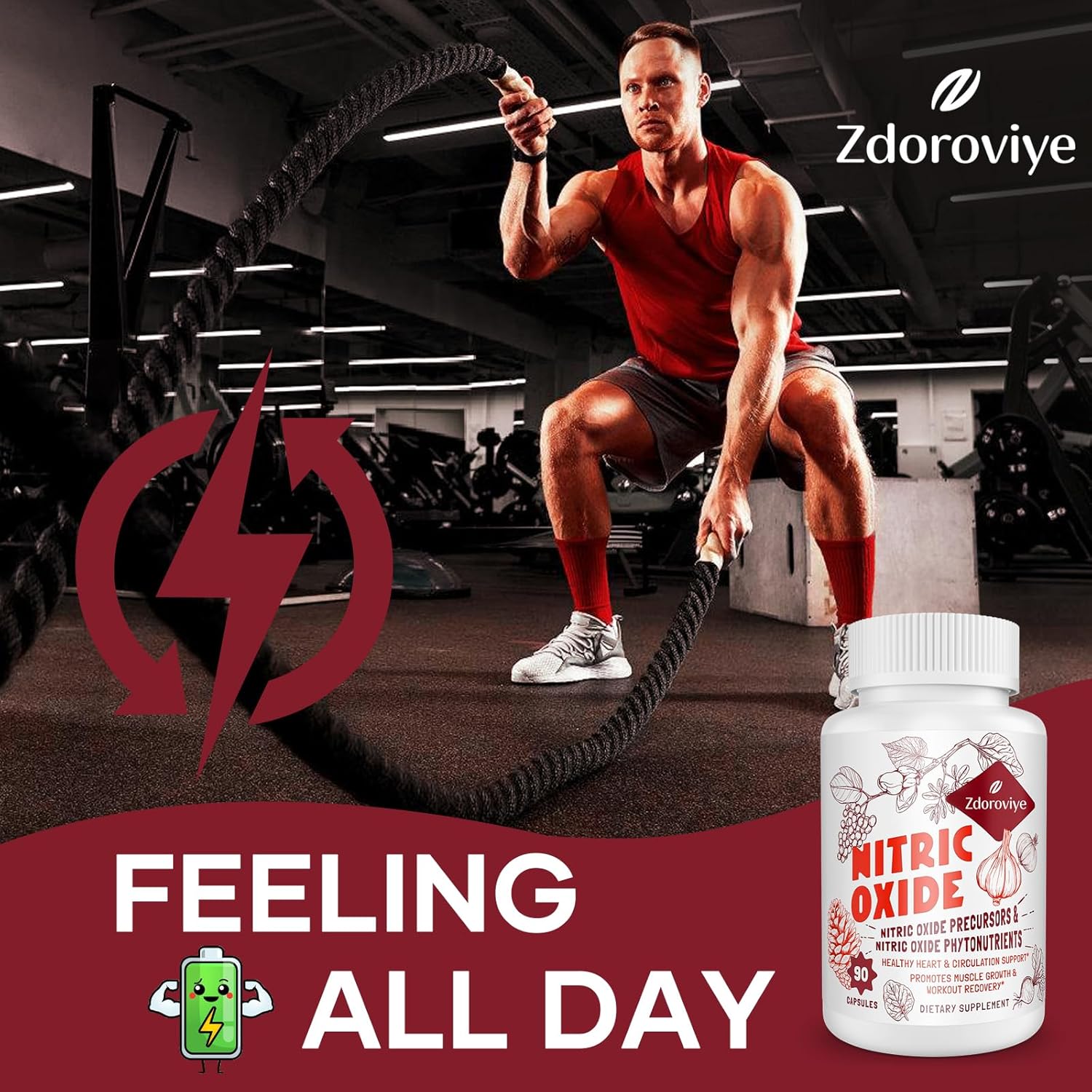 Men's Zdoroviye Nitric Oxide Supplement - 2,255mg Per Serving - 13 in 1 Nitric Oxide & Phytonutrients Complex - Supports Heart & Immune System - 90 Capsules