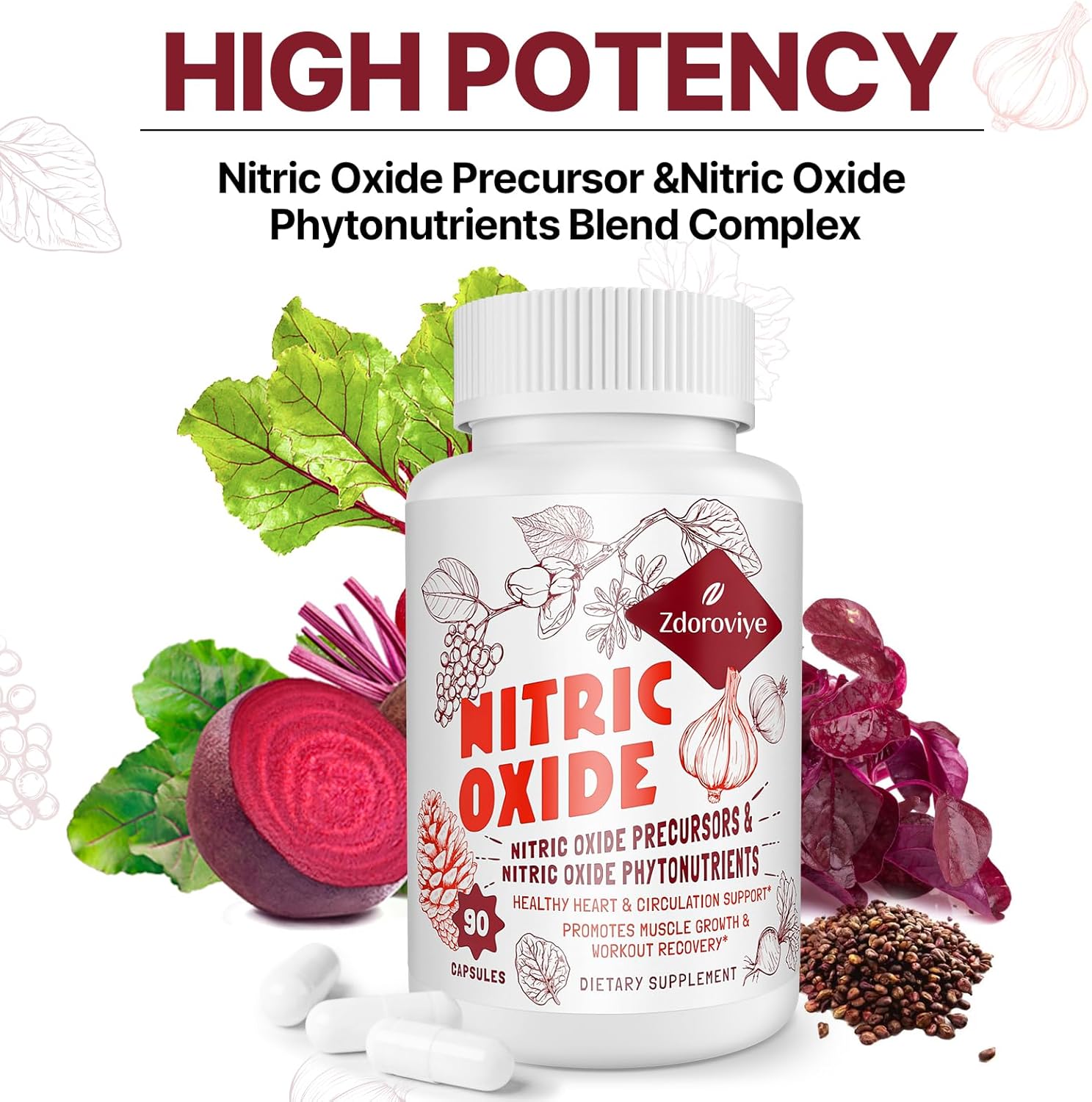 Men's Zdoroviye Nitric Oxide Supplement - 2,255mg Per Serving - 13 in 1 Nitric Oxide & Phytonutrients Complex - Supports Heart & Immune System - 90 Capsules