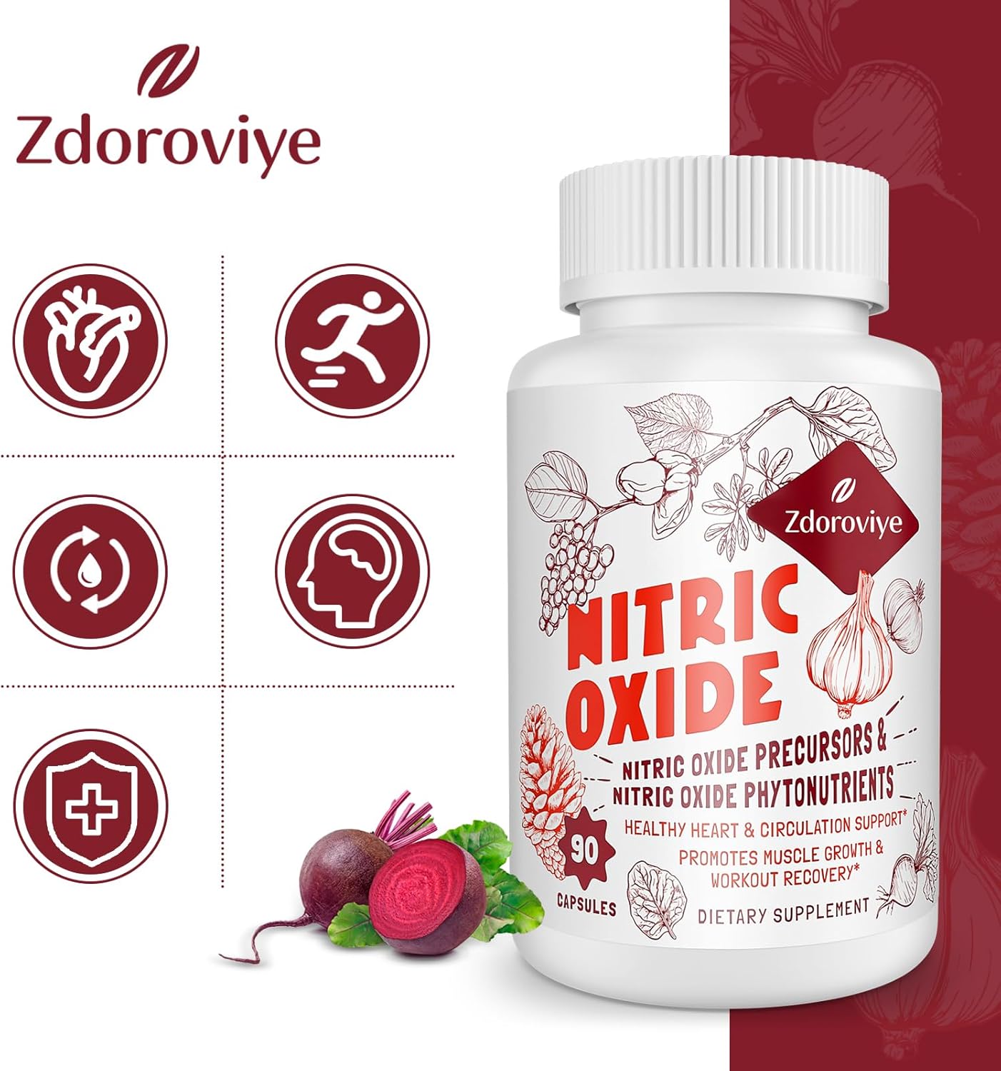 Men's Zdoroviye Nitric Oxide Supplement - 2,255mg Per Serving - 13 in 1 Nitric Oxide & Phytonutrients Complex - Supports Heart & Immune System - 90 Capsules