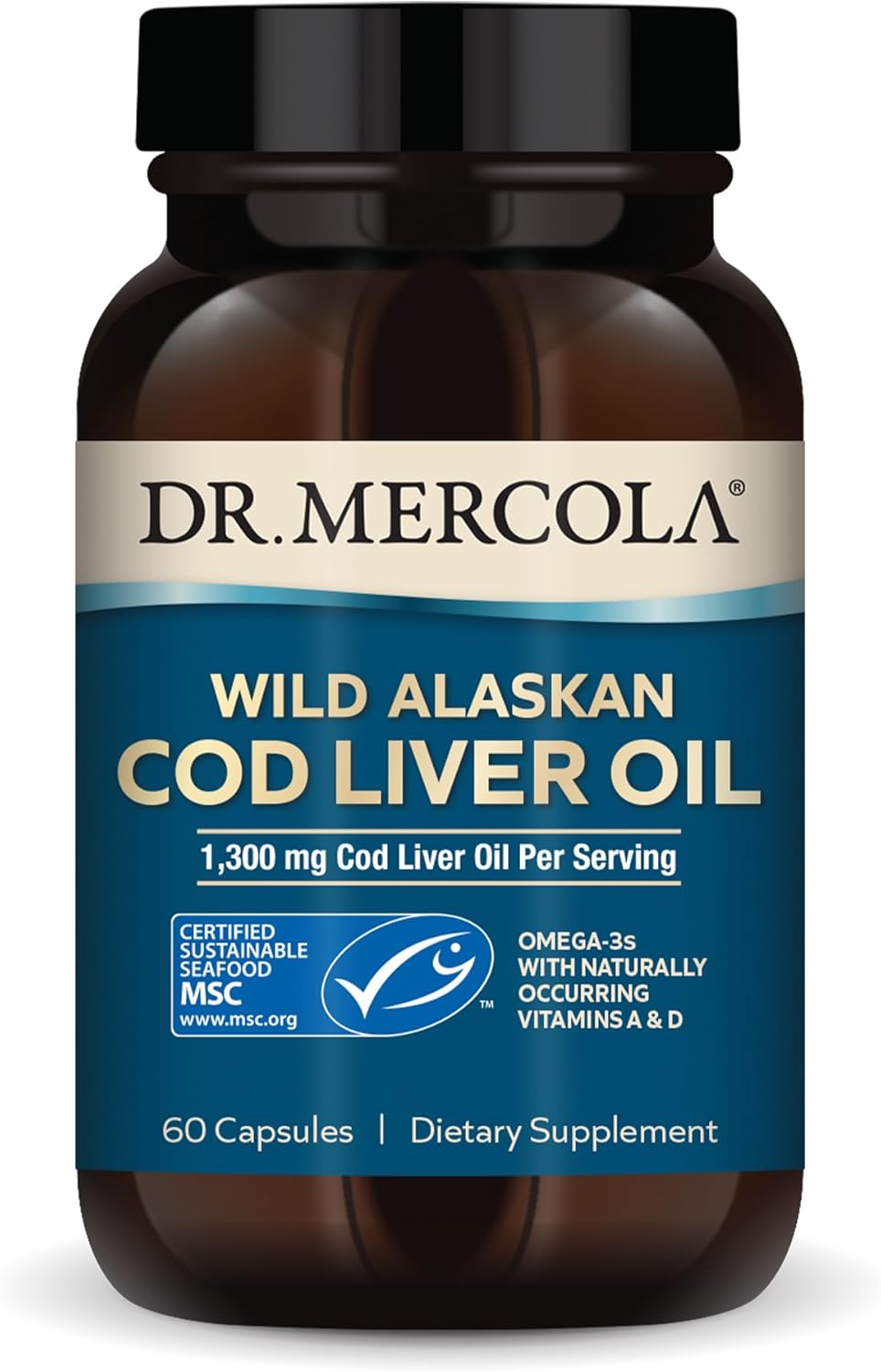 Mercola Cod Liver Oil Capsules, 1,300mg, 30 Servings, Brain, Bone & Joint Health Support, Non-GMO, MSC Certified