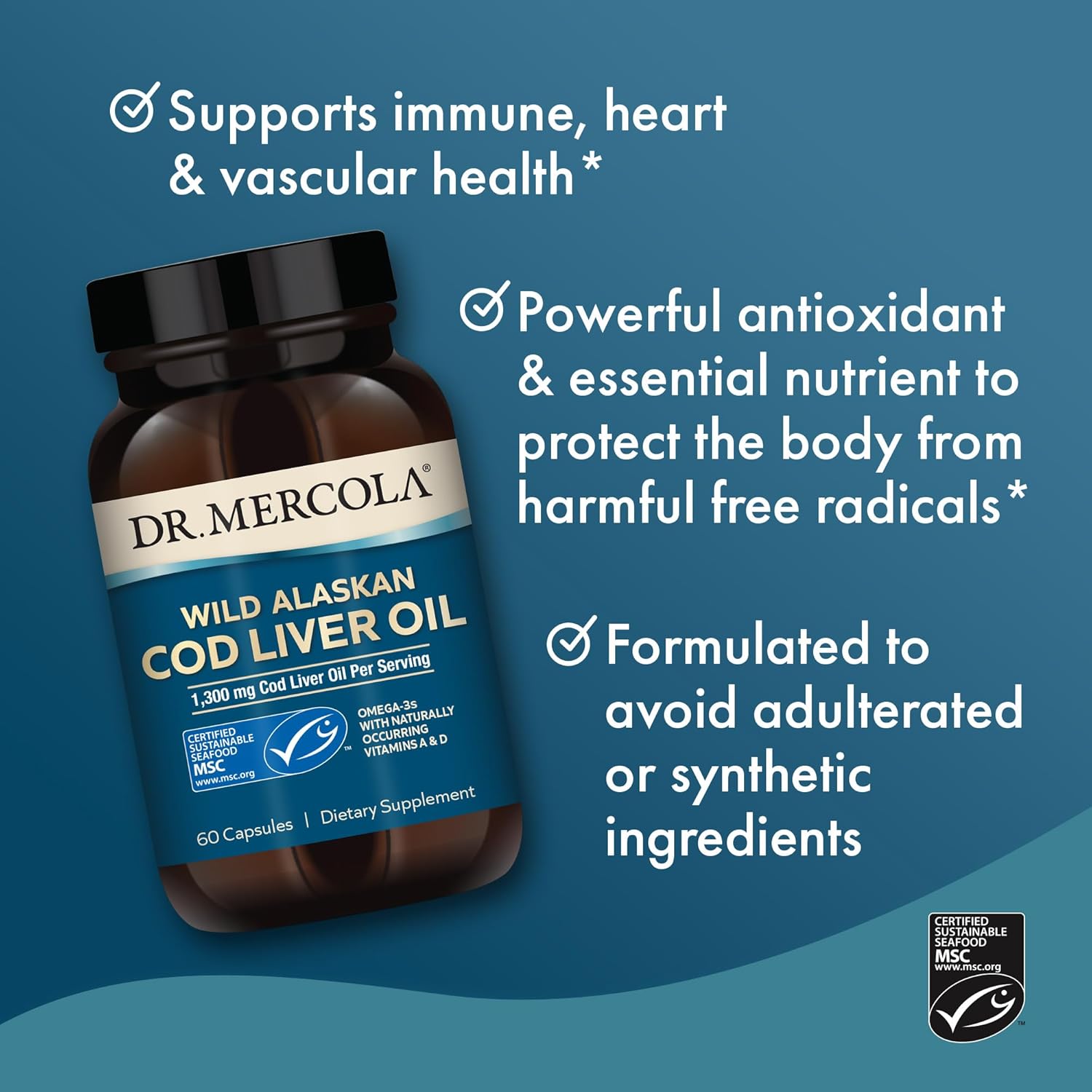 Mercola Cod Liver Oil Capsules, 1,300mg, 30 Servings, Brain, Bone & Joint Health Support, Non-GMO, MSC Certified