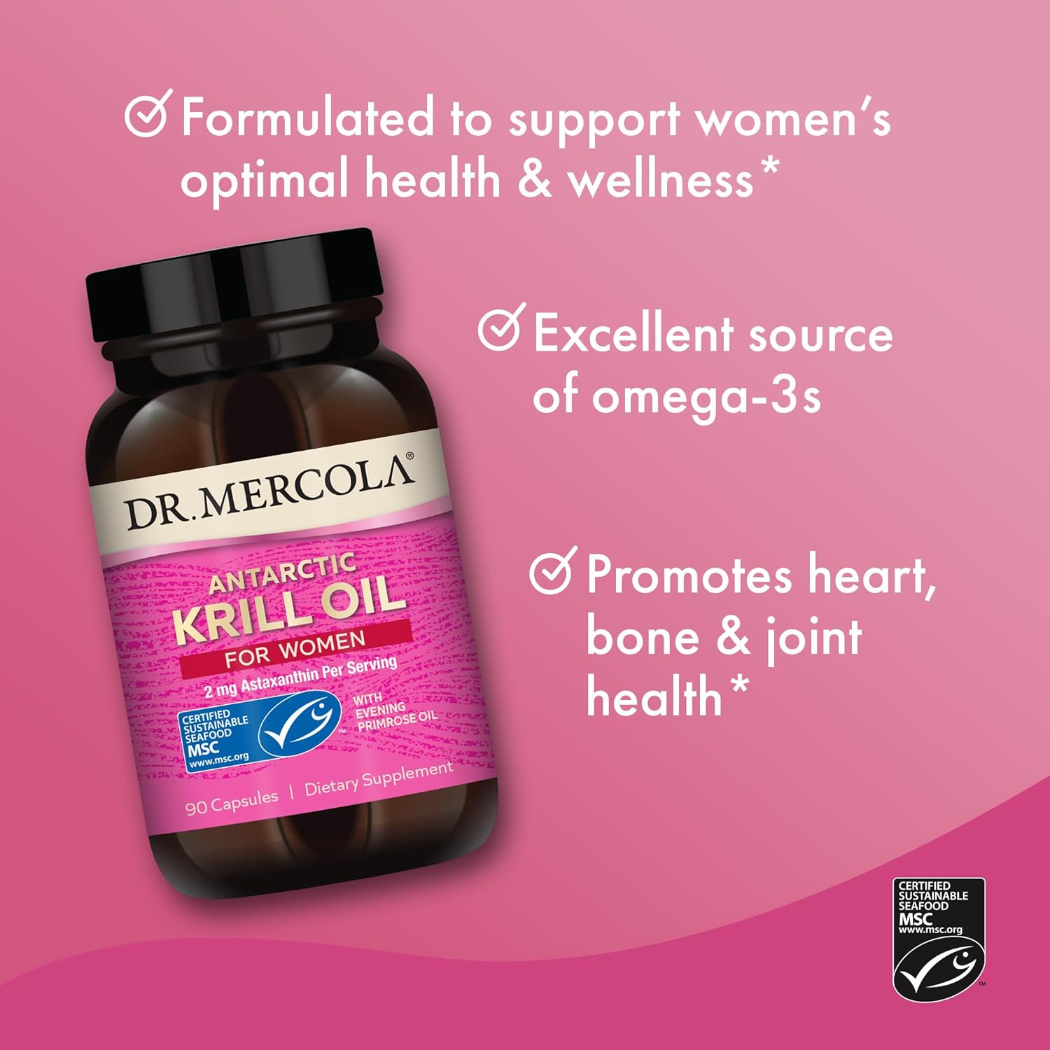 Mercola Krill Oil for Women - 90 Capsules with Astaxanthin & Evening Primrose Oil - Hormonal Support & Non-GMO Dietary Supplement