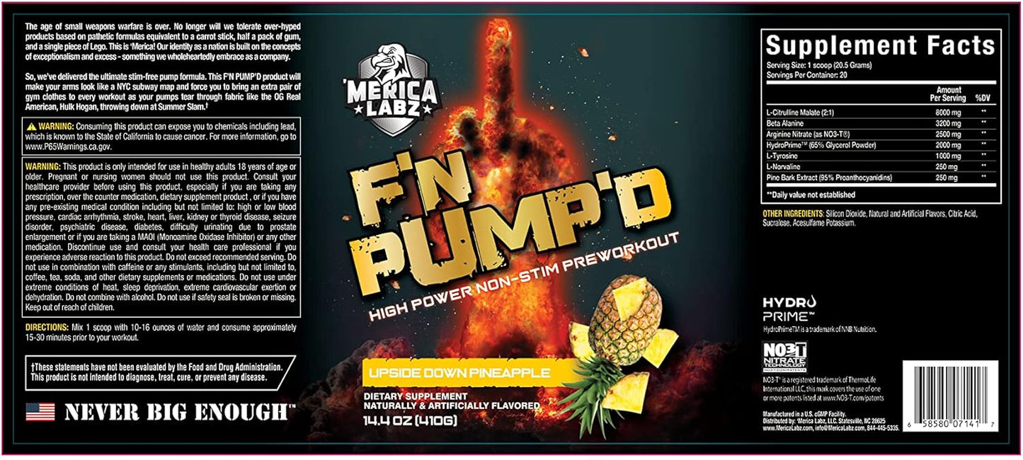 Merica Labz F'N Pump'D Stimulant-Free Pre-Workout Powder - Nitric Oxide Booster with Upside Down Pineapple Flavor - 20 Servings
