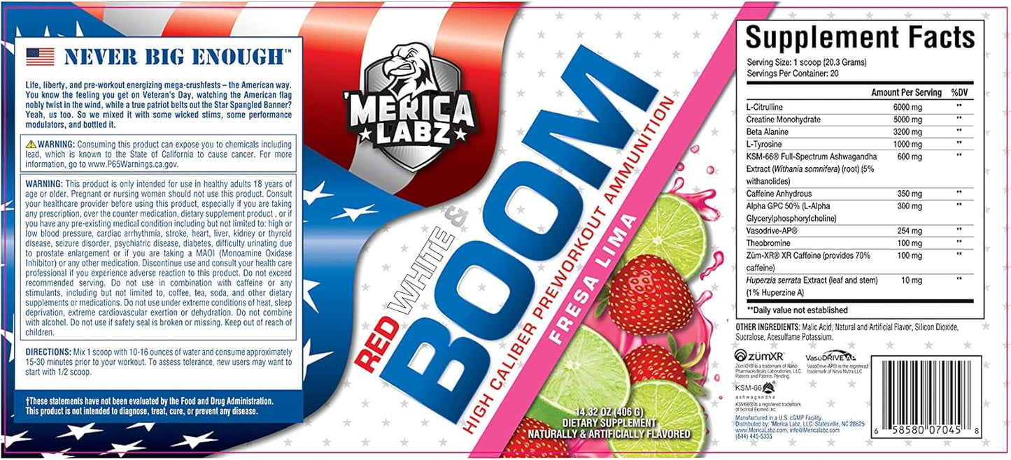Merica Labz Red, White, and Boom Pre Workout with VasoDrive-AP®, 350mg Caffeine, Max Energy and Pump, 20 Servings