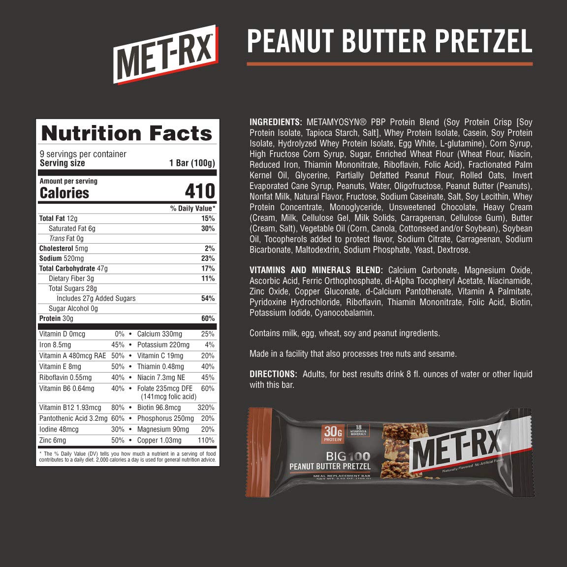 MET-Rx Big 100 Colossal Protein Bars - Peanut Butter Pretzel Flavor, 100g (Pack of 9) - Packed with Vitamins A, C, and Zinc for Energy Support and Healthy Meal Replacement