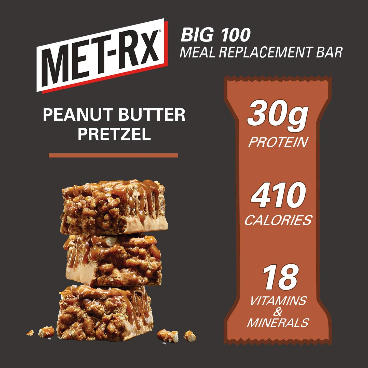 MET-Rx Big 100 Colossal Protein Bars - Peanut Butter Pretzel Flavor, 100g (Pack of 9) - Packed with Vitamins A, C, and Zinc for Energy Support and Healthy Meal Replacement