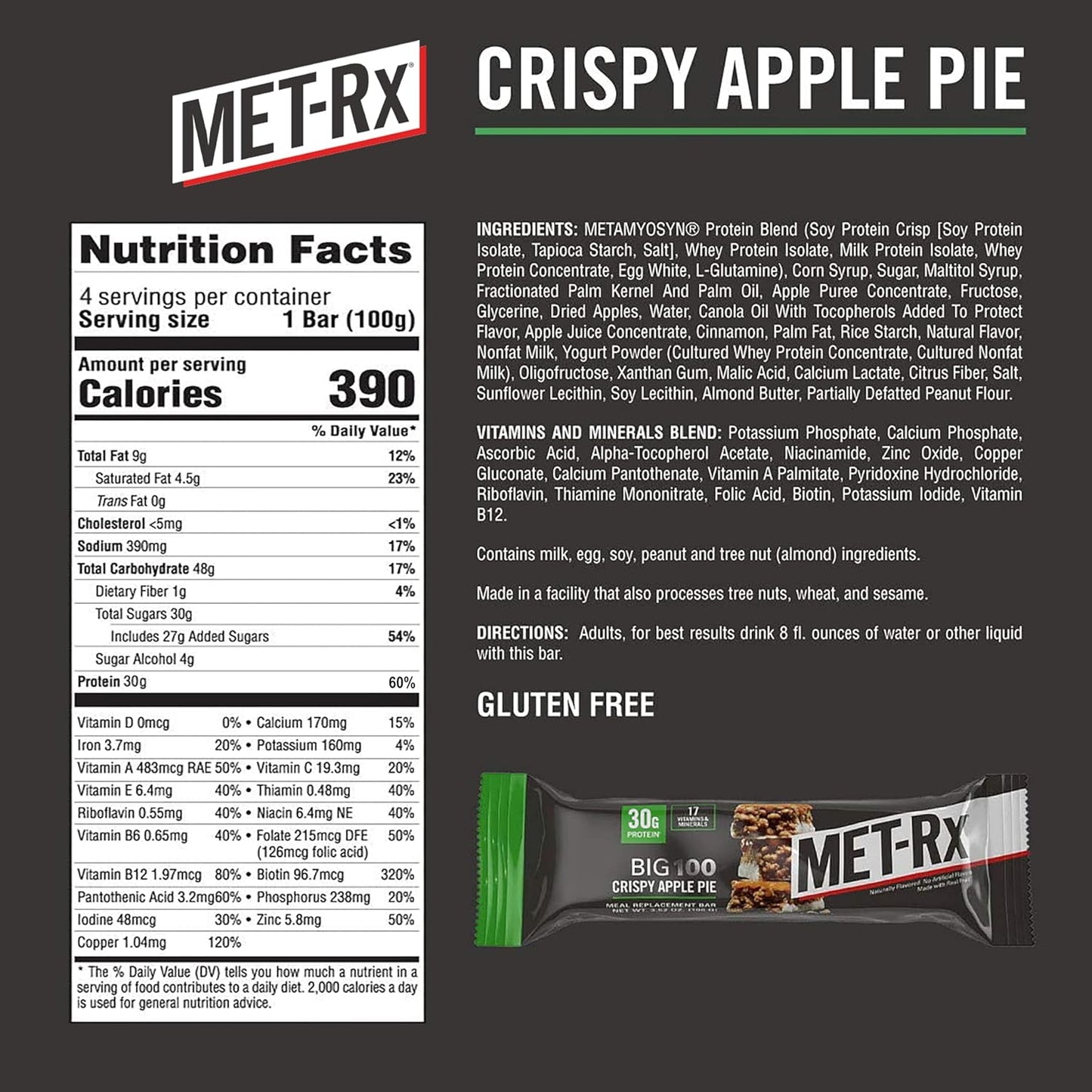 MET-Rx Big 100 Colossal Protein Bars, 4 Count, Crispy Apple Pie Flavor Meal Replacement Bars