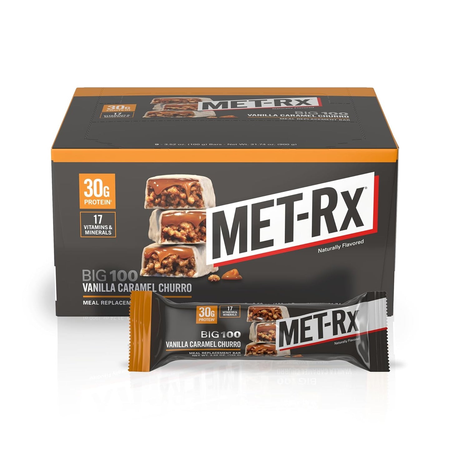 MET-Rx Big 100 Colossal Vanilla Caramel Churro Protein Bars, Meal Replacement Bars - 9 Count