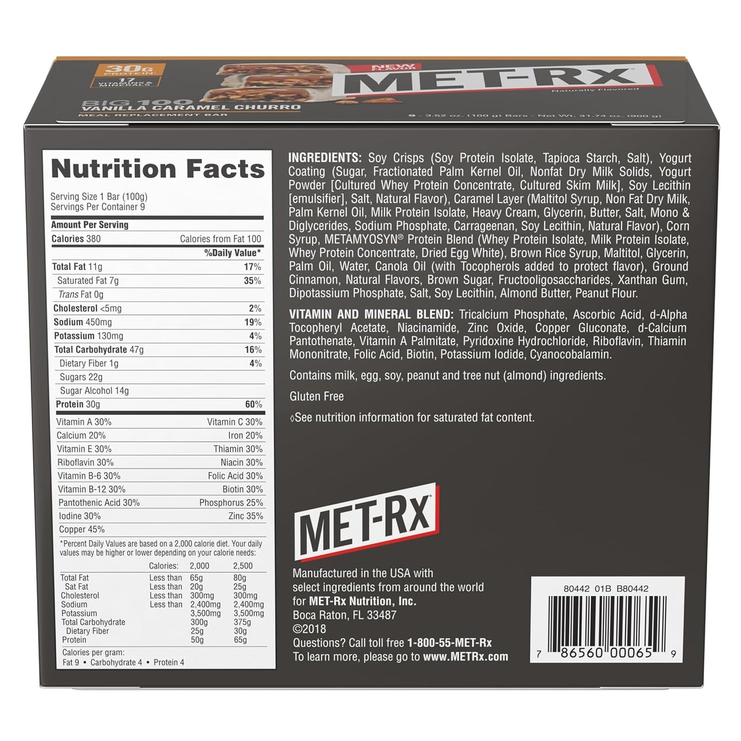 MET-Rx Big 100 Colossal Vanilla Caramel Churro Protein Bars, Meal Replacement Bars - 9 Count