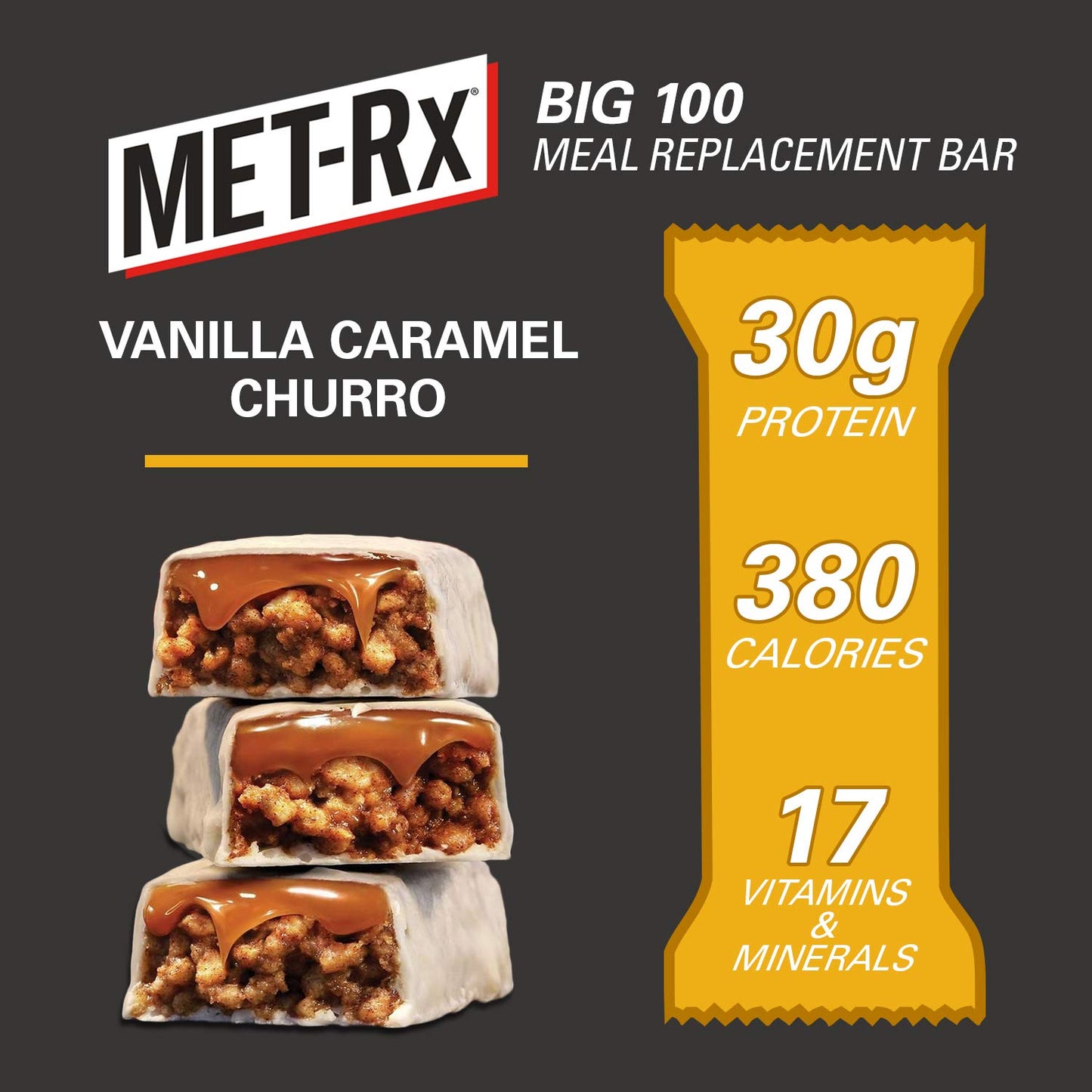 MET-Rx Big 100 Colossal Vanilla Caramel Churro Protein Bars, Meal Replacement Bars - 9 Count