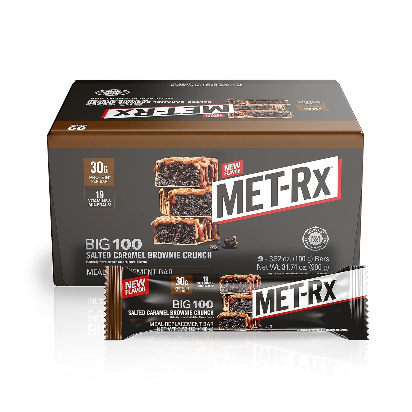 MET-Rx Big 100 Salted Caramel Brownie Crunch Protein Bars, 30g Protein, Meal Replacement, 9 Count, 3.52 Oz - Pack of 9