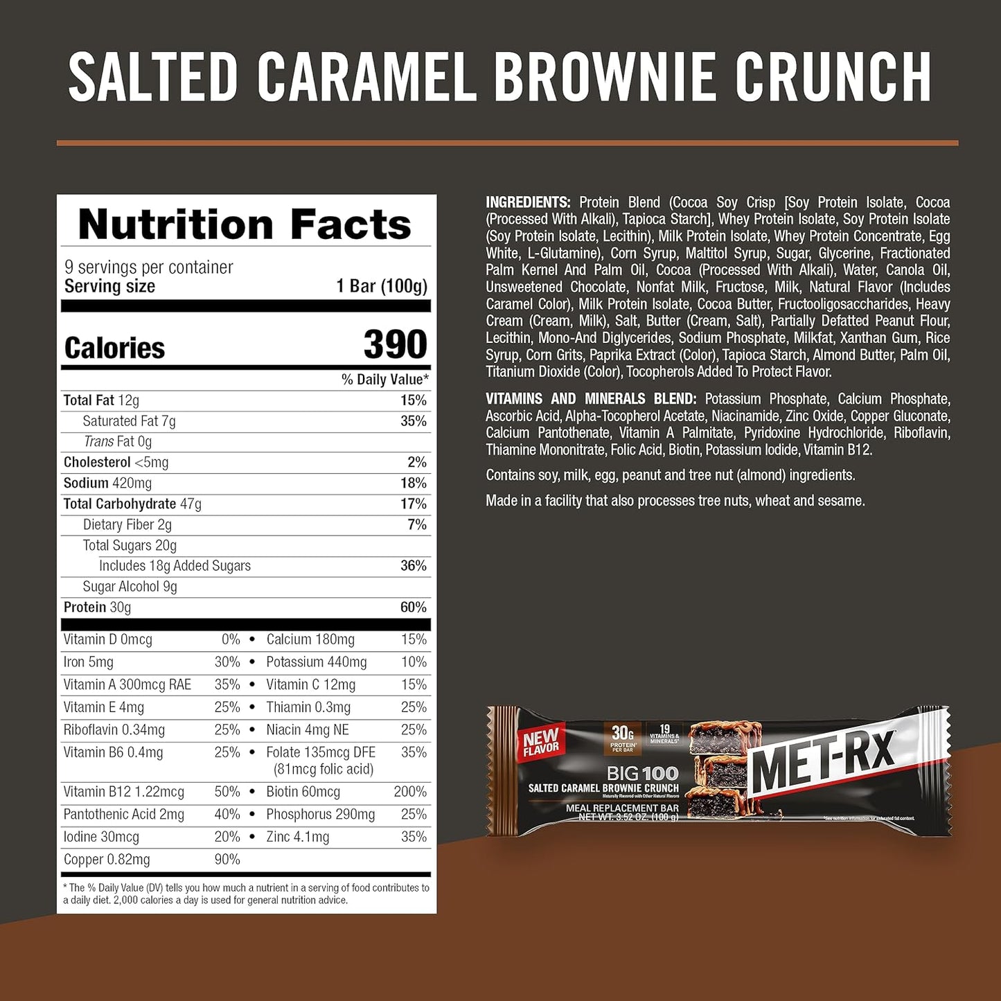 MET-Rx Big 100 Salted Caramel Brownie Crunch Protein Bars, 30g Protein, Meal Replacement, 9 Count, 3.52 Oz - Pack of 9