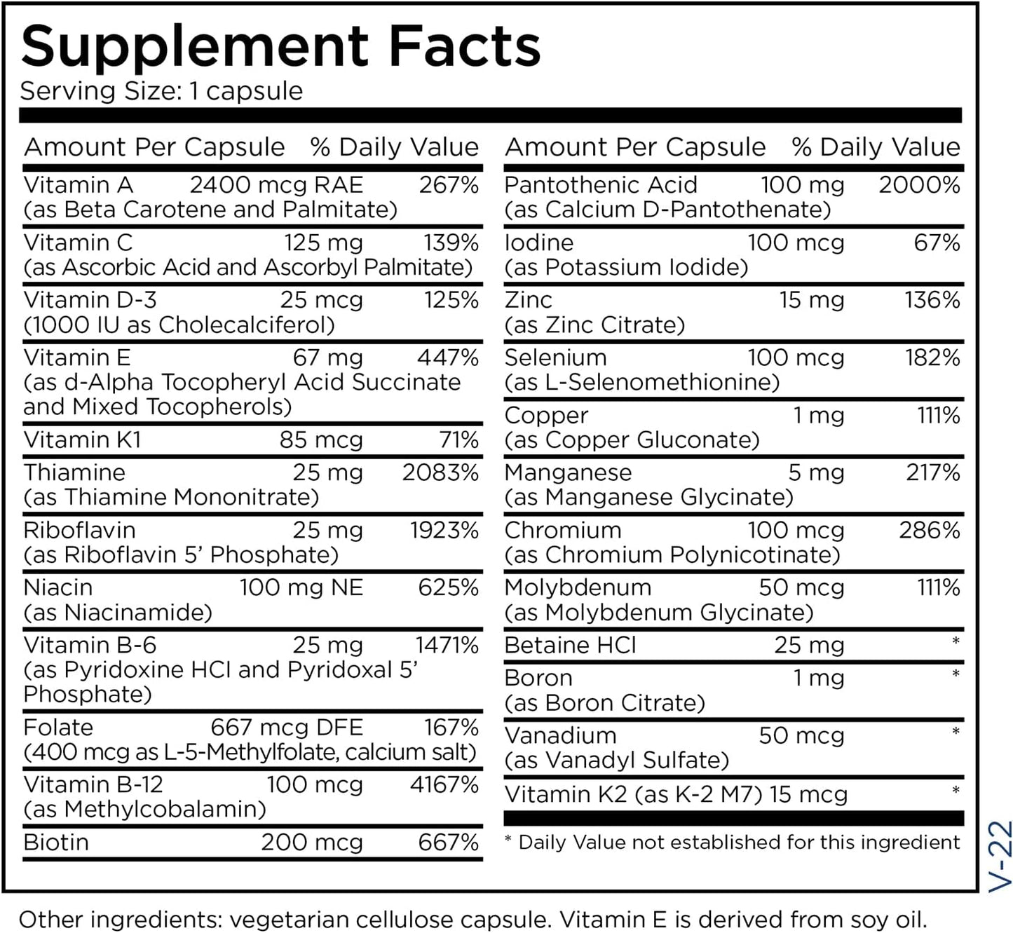 Metabolic Maintenance The Big One Without Iron - Daily Multivitamin with Vitamin A, B, Folate & Trace Minerals - 90 Capsules
