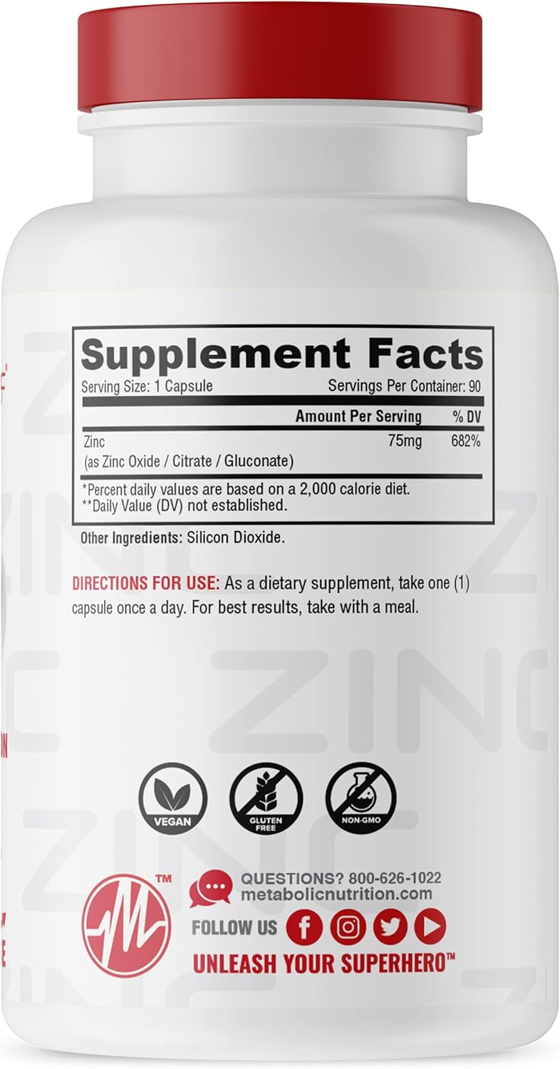 Metabolic Nutrition 75mg Zinc Supplement, 90 Capsules, Immune System Support with Zinc Oxide