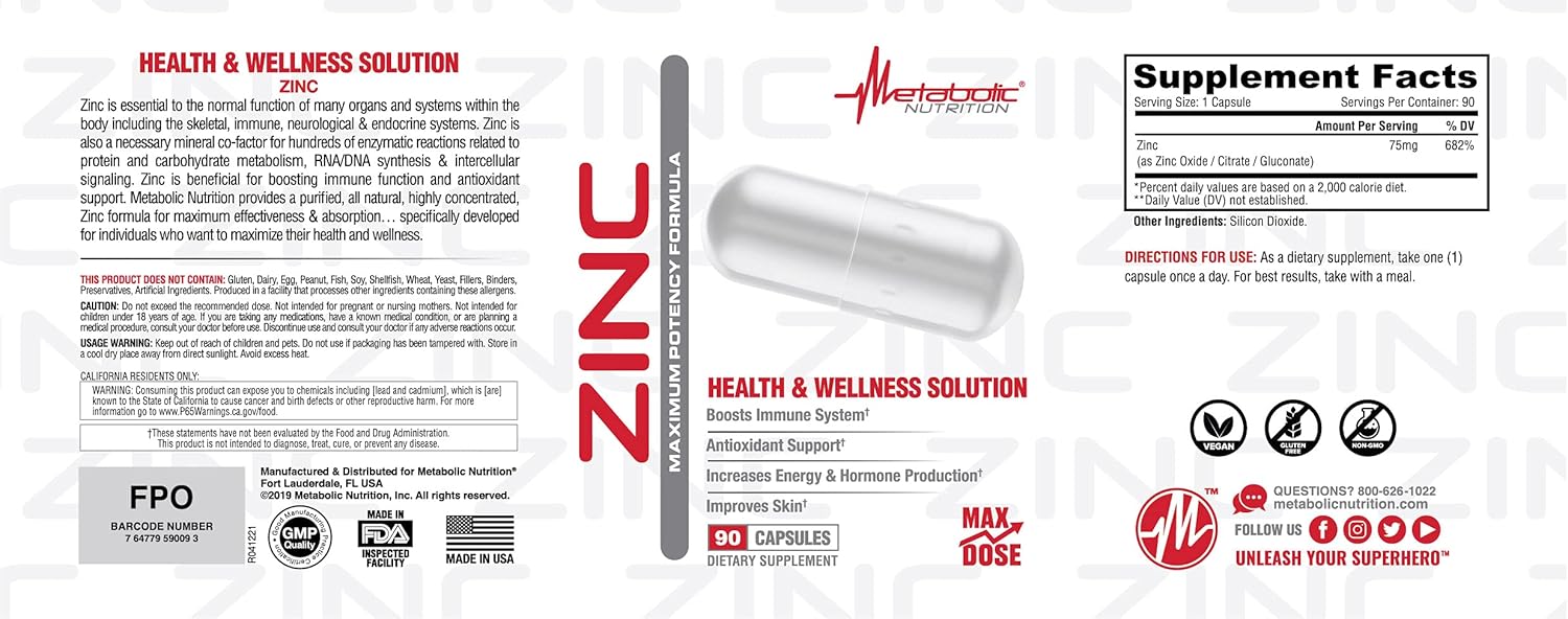 Metabolic Nutrition 75mg Zinc Supplement, 90 Capsules, Immune System Support with Zinc Oxide