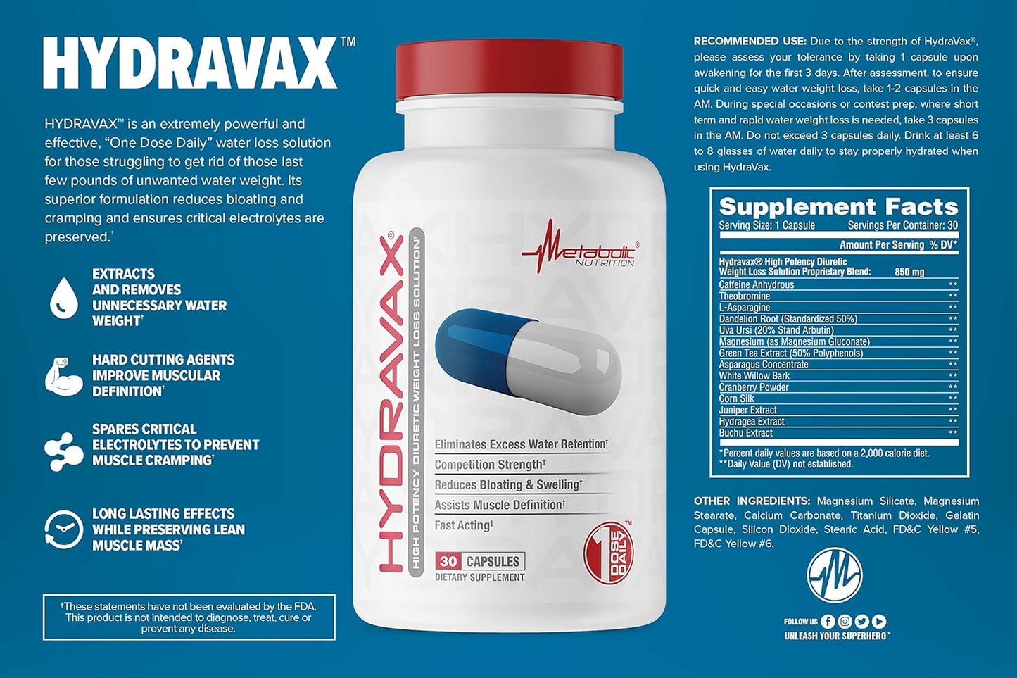 Metabolic Nutrition Hydravax Diuretic Water Pills - Natural & Safe for Water Retention - Dandelion, Magnesium, Green Tea, Cranberry - 30 Capsules
